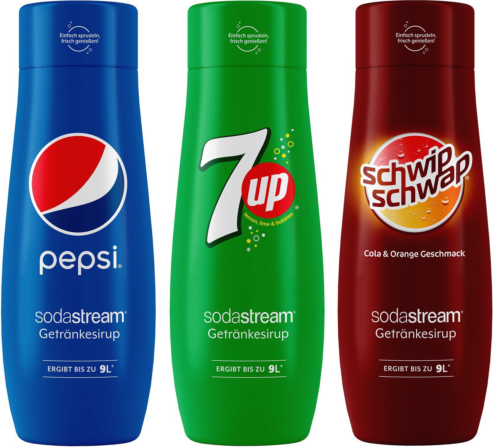 SodaStream Getränke-Sirup, 3 Stück, Pepsi,7UP+SchwipSchwap,440ml für je 9L  Fertiggetränk