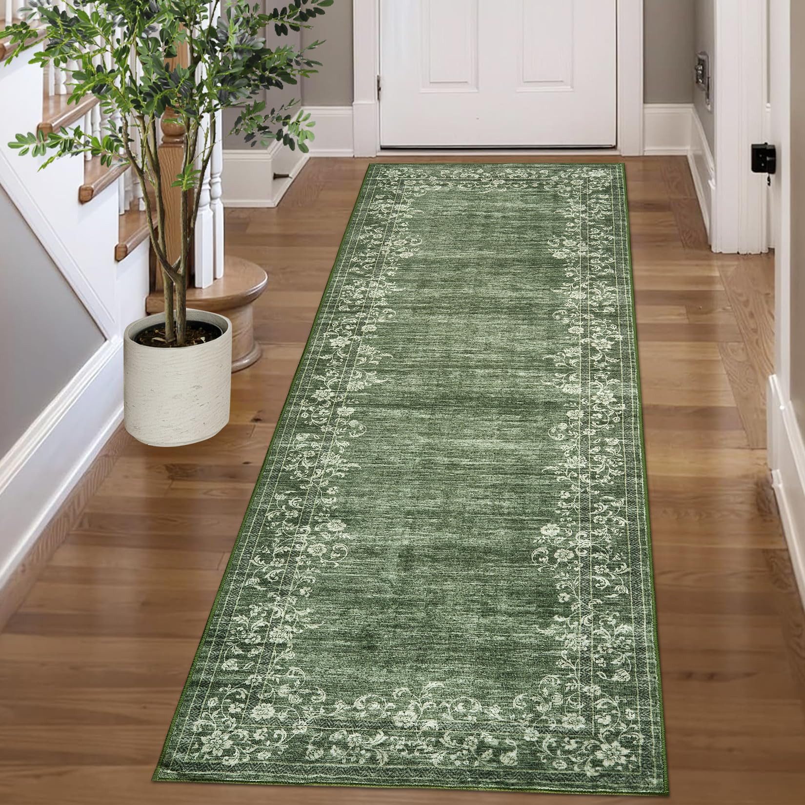GarveeMore Veloursteppich Waschbarer Vintage Teppich Designteppich Läufer mit floraler Bordüre, Moderner Kurzflor, rutschfest, pflegeleicht & schmutzabweisend