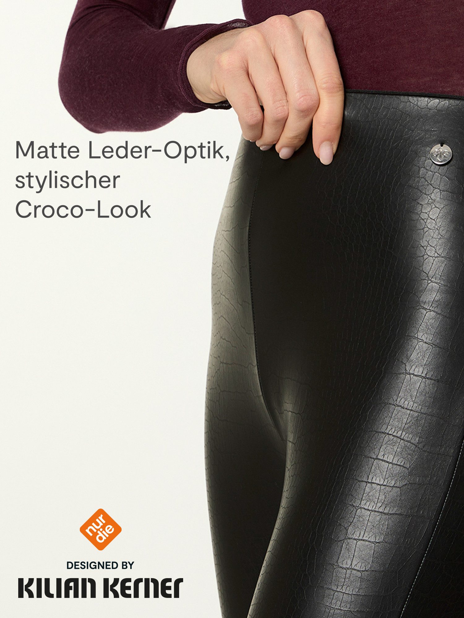 Nur Die Leggings NUR DIE x KILIAN KERNER Damen Vegane Leggings in Leder-Croco-Optik modischer Reptil-Look - weiche Innenseite - körpernahe Passform