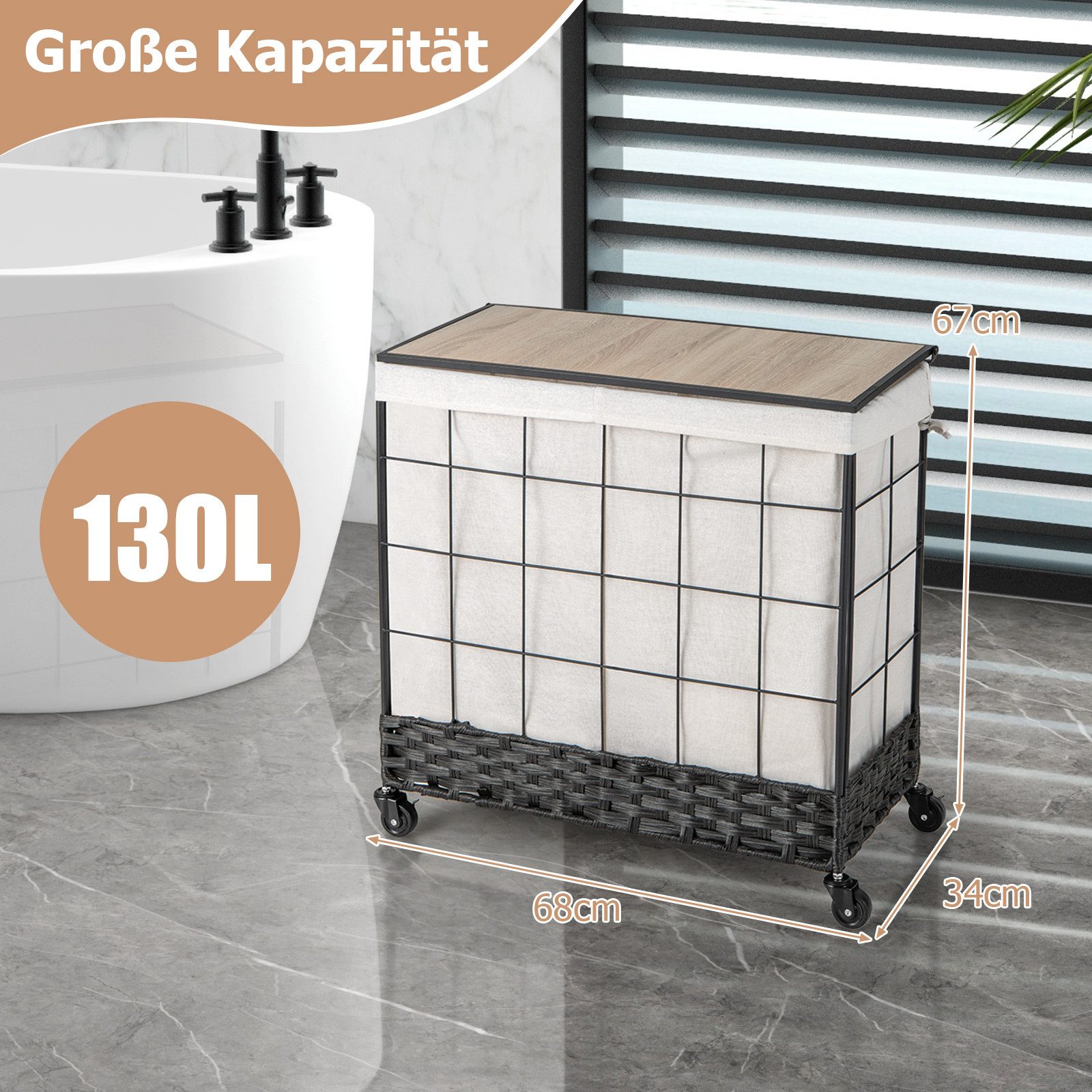 COSTWAY Wäschekorb, mit Deckel, Rollen & Innentasche, 2 Fächer, 130L, Ratta günstig online kaufen