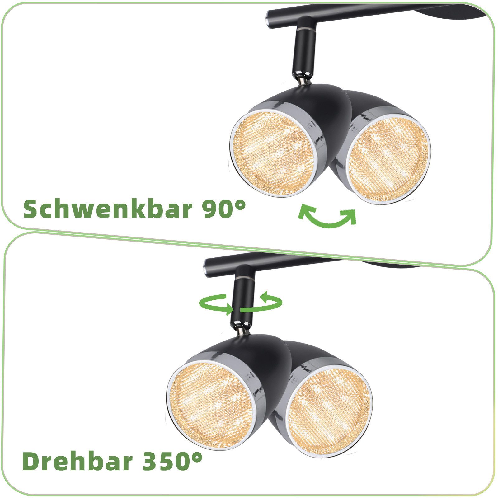 ZMH Deckenstrahler 1/2/3/4 Flammig 4/6/12/16W Deckenlampe schwenkbar 350° Wohnzimmer, LED fest integriert, Warmweiß, Schwarz 3000K schwenkbar 350° Deckenspot Fl – Bild 5 von 5