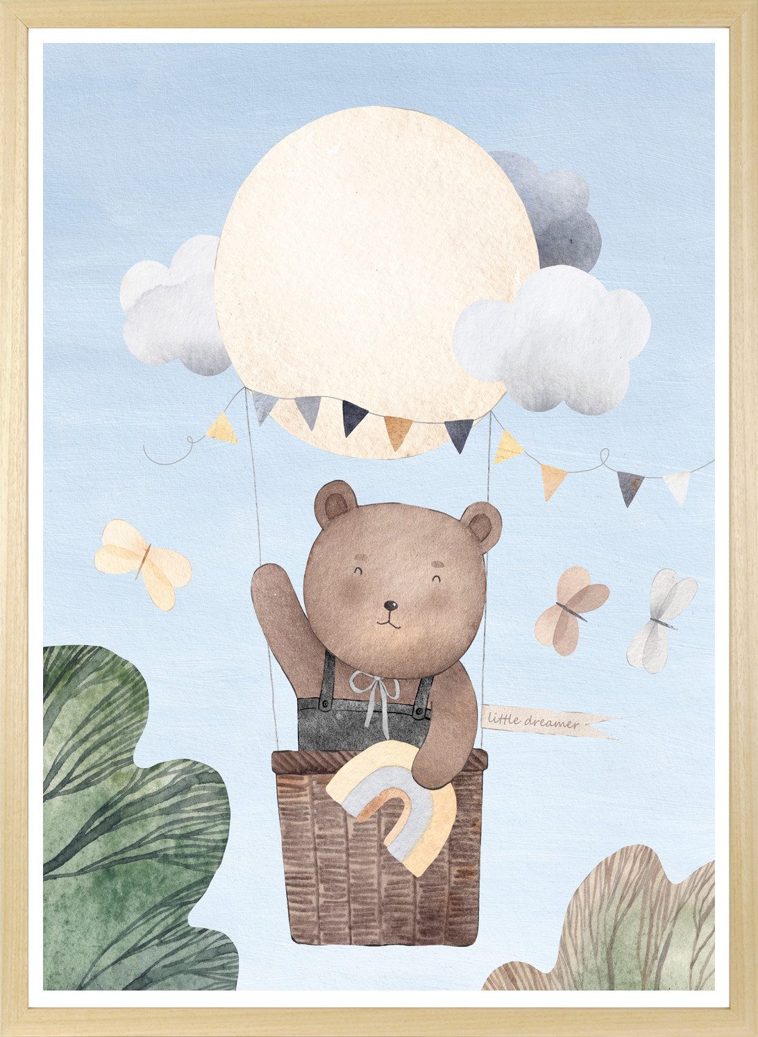 queence Bild mit Rahmen Bär im Heißluftballon, Ballonfahren, Baum, Baumbilder, Bienen, Bär, Bären, Bäume, Heißluftballon, Himmel, Himmelsbilder, Insekten, Landschaft, Schmetterlinge, Tiere, Wolken (1 St), HD Premium Posterdruck mit Echtholzrahmen