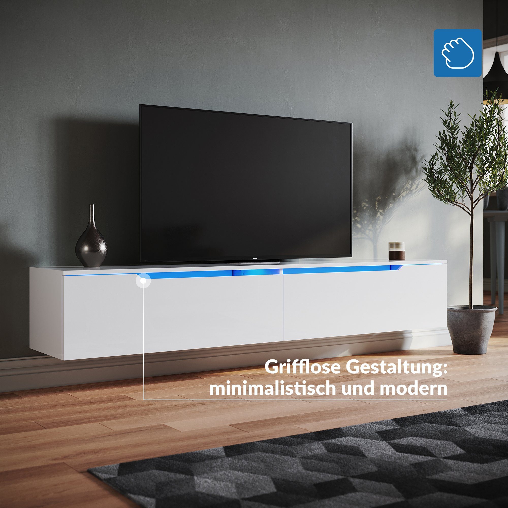 SONNI TV-Schrank Ein weißer, LED-Lichteffekten.160/180x35x30cm TV-Schrank mit hängender