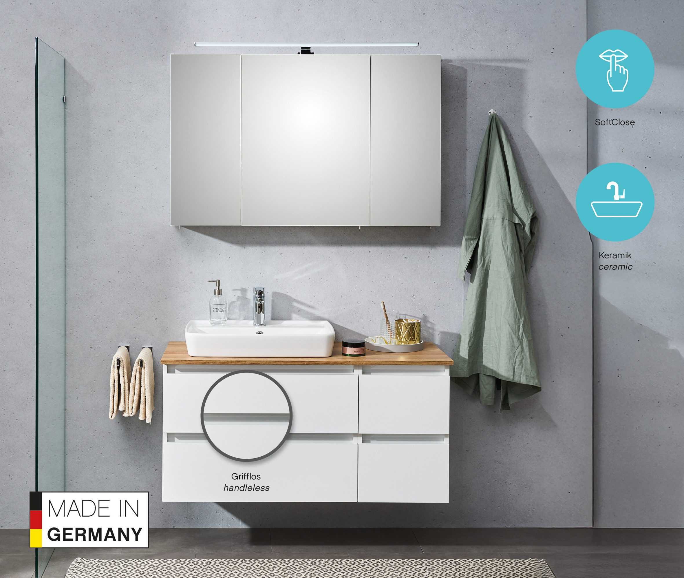 Saphir Waschtisch Quickset 360 Waschplatz mit Keramik-Aufsatzbecken, wandhängend, Waschtischplatte, 113 cm breit, Weiß Glanz, 4 Schubladen