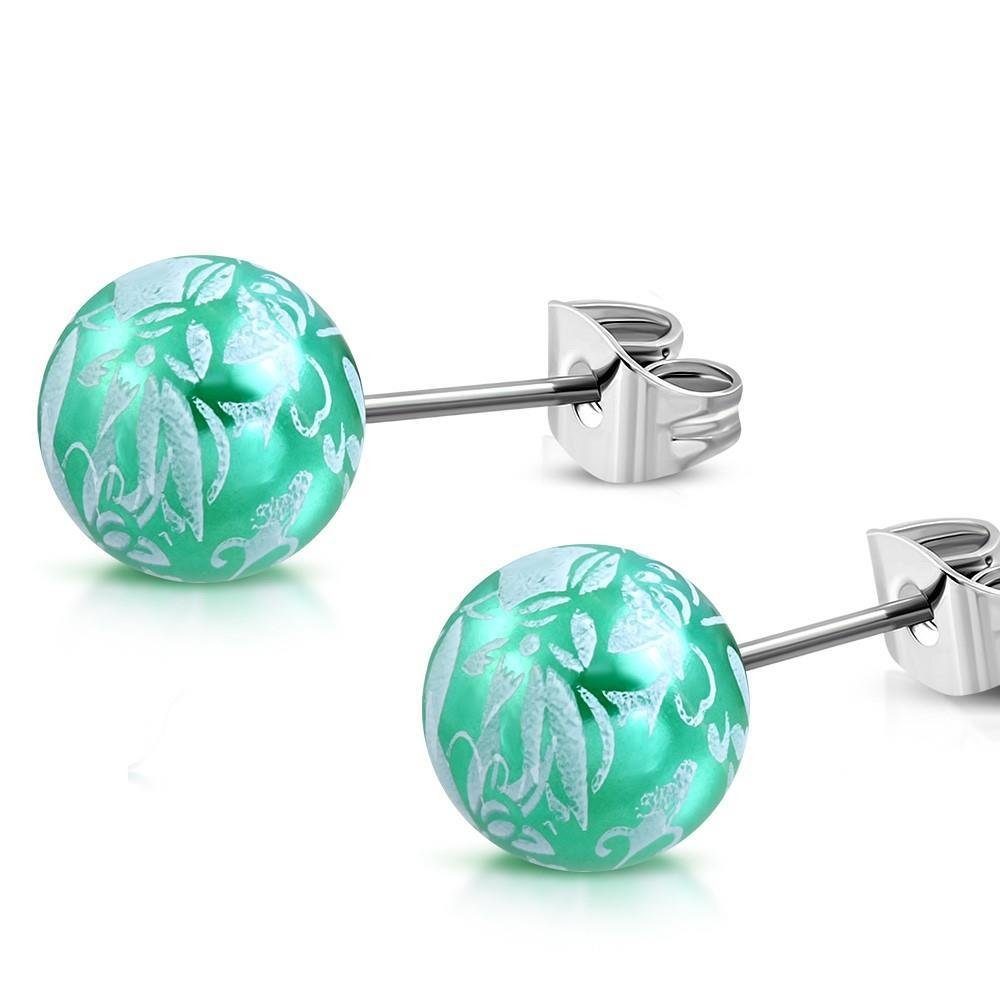 BUNGSA Ohrstecker-Set Ohrstecker Perle mit Blumendruck Silber aus Edelstahl Damen (1 Paar (2 Stück), 2-tlg), Ohrschmuck Ohrringe türkis