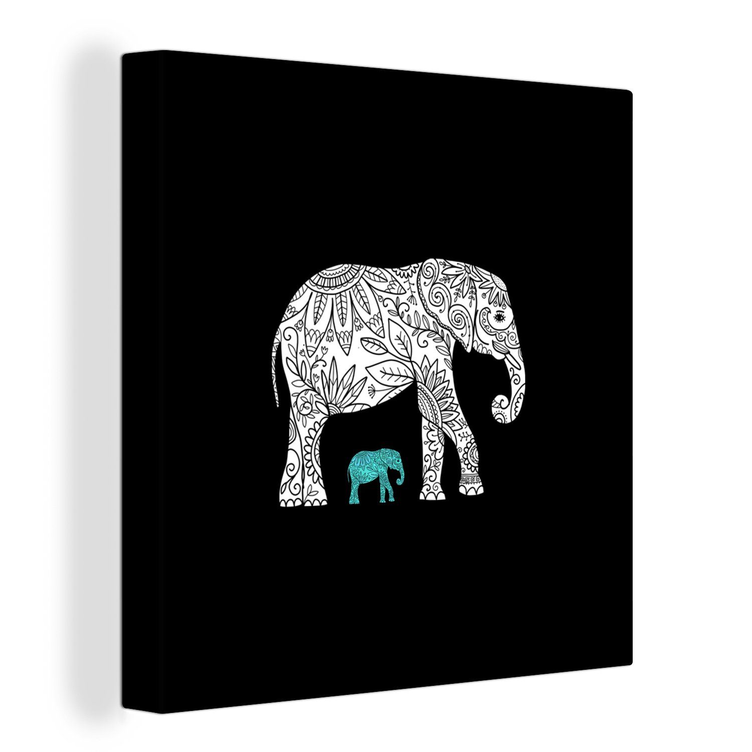 OneMillionCanvasses® Leinwandbild Elefant - Muster - Blau - Weiß, (1 St), Leinwand Bilder für Wohnzimmer Schlafzimmer