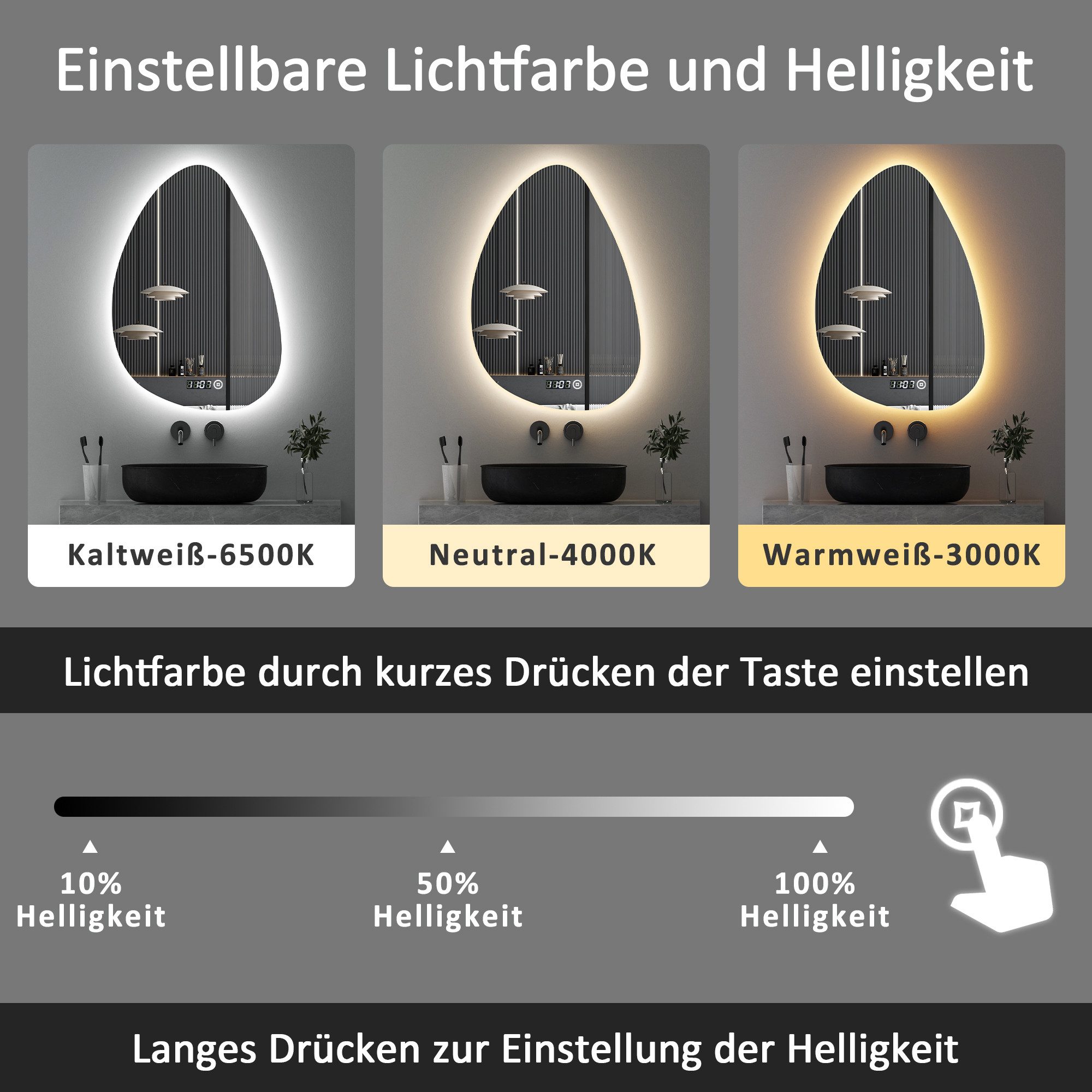WDWRITTI Badspiegel Badezimmerspiegel mit Beleuchtung Wandspiegel Led Touch Wandschalter (Spiegel Bad, 3Lichtfarben, Memory, Helligkeit dimmbar), 3000K/4000K/65 – Bild 3 von 5
