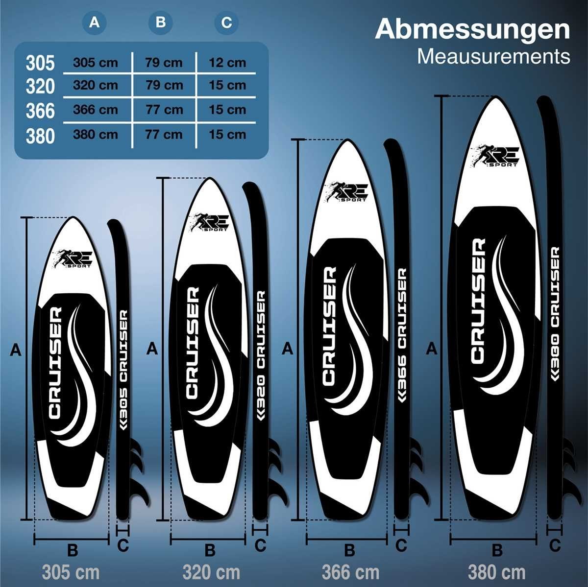 Up 305/320/366/380cm Paddle Stand Set aufblasbar Blau (Set), Board RE:SPORT SUP-Board,