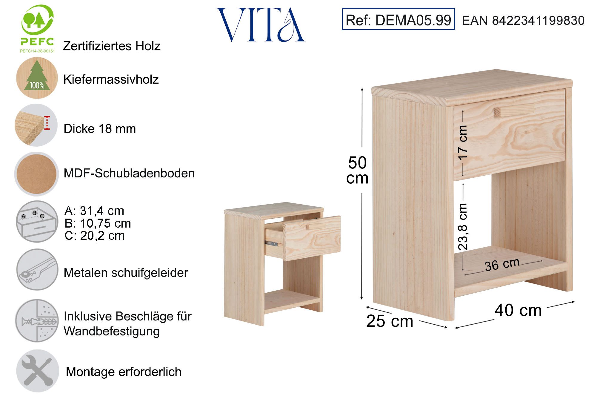 Astigarraga Kit Line Nachtschrank Nachtschränkchen "Vita" aus Vollholz