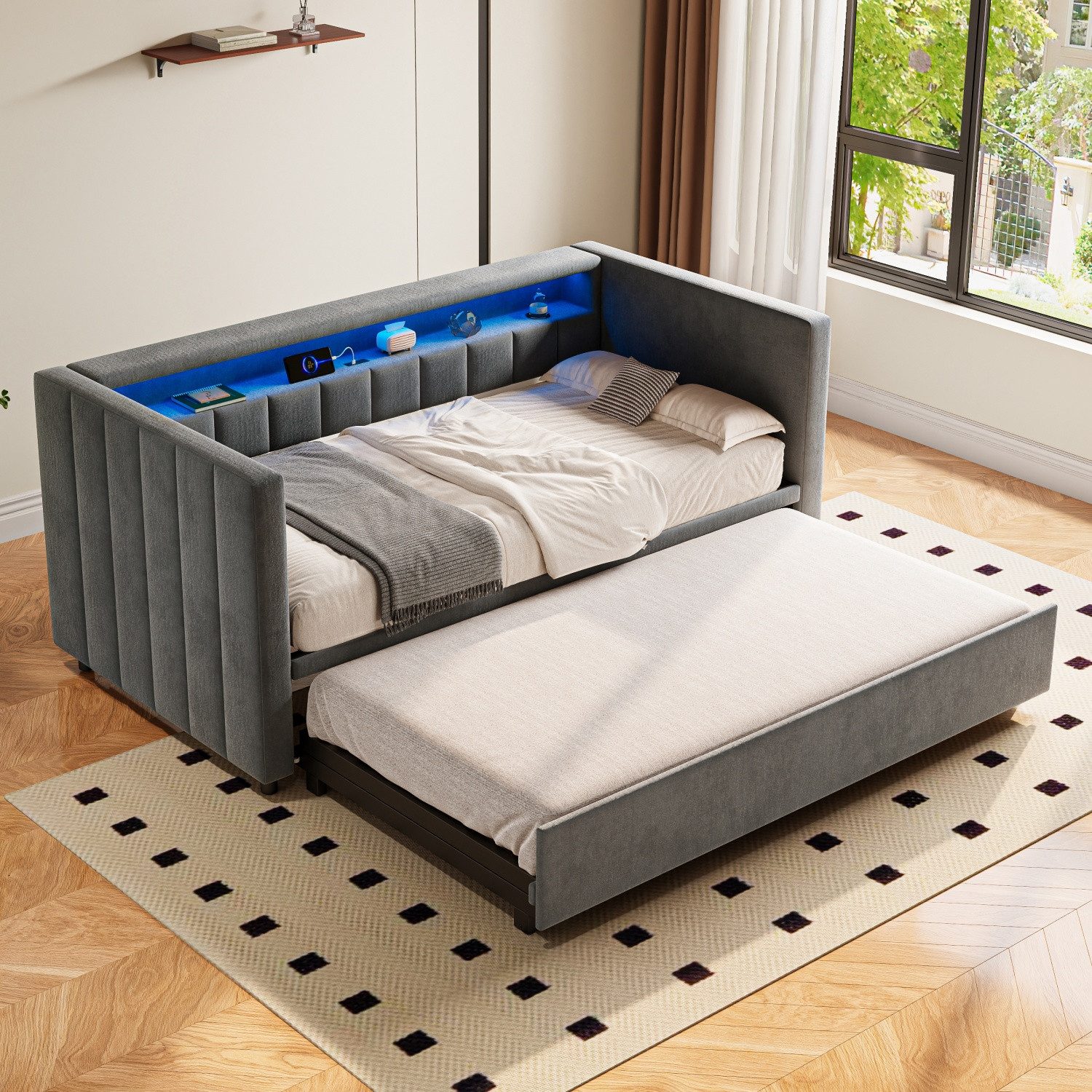ANYSUN Schlafsofa Daybett,Funktionsbett,Stauraumbett,mit ausziehbarem Bett, Kinderbett,Tagesbett mit USB-Steckdose & Stauraum, 90x190 cm für Wohnzimmer, Jugendzimmer & Gästezimmer, ohne Matratze