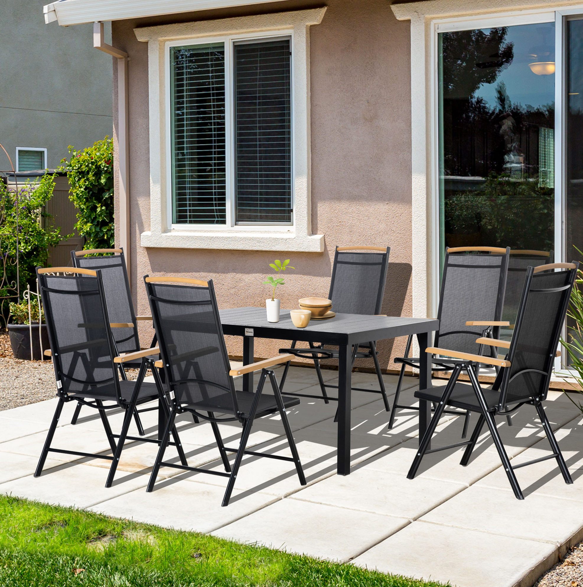 MODFU Sitzgruppe Klappbares 6-Sitzer Gartenmöbel Set in Schwarz, Aluminiumgestell, (Tisch 140x90x74 cm; Stuhl 55,5x68x109 cm, 7-tlg., 1 Tisch + 6 Stühle – leicht & robust), Perfekt für Balkon, Pool & Partys