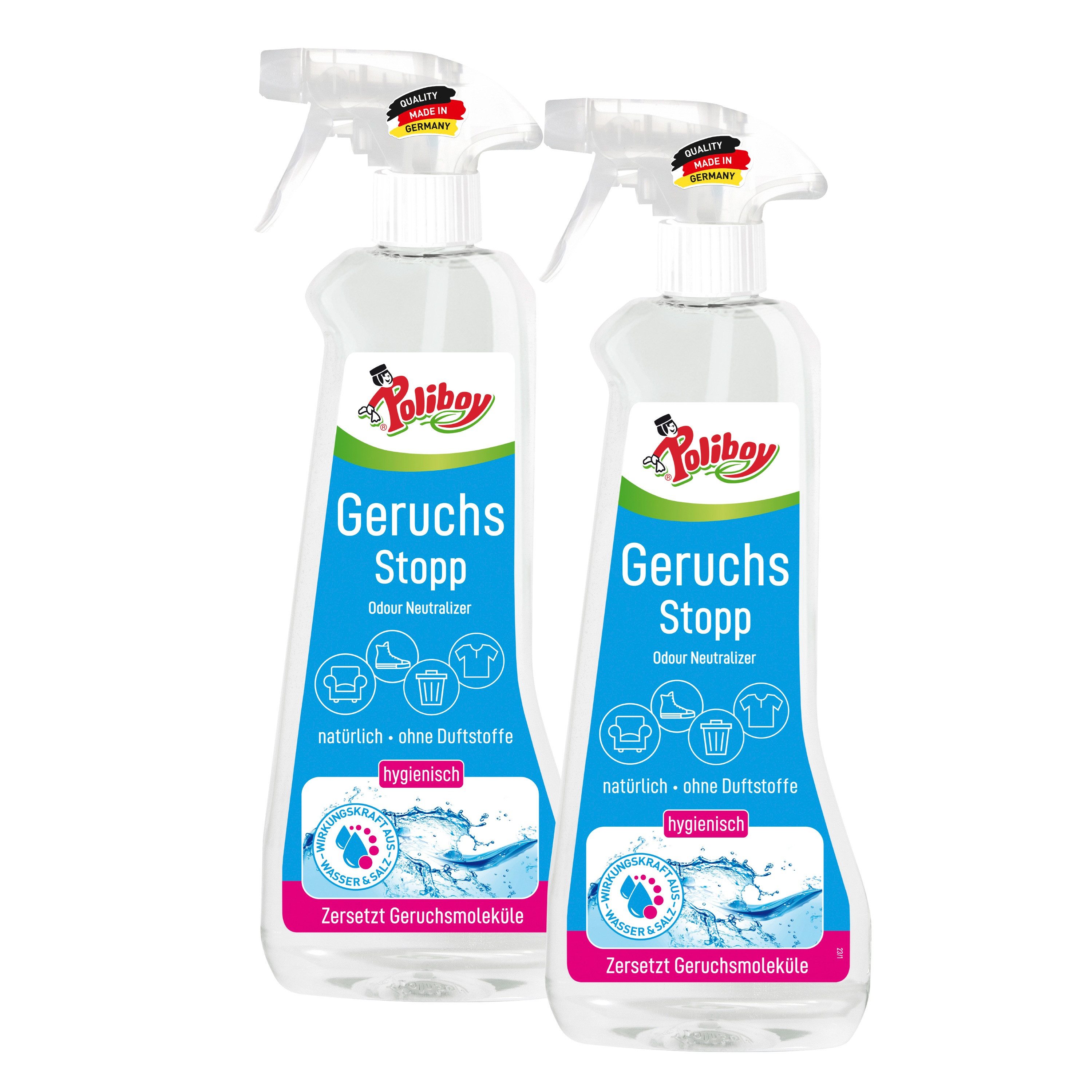 poliboy Aktiv Geruchs Stopp - 2x500ml - für Textilien und mehr Reinigungsspray (verbannt schlechte Gerüche von Oberflächen - Made in Germany)