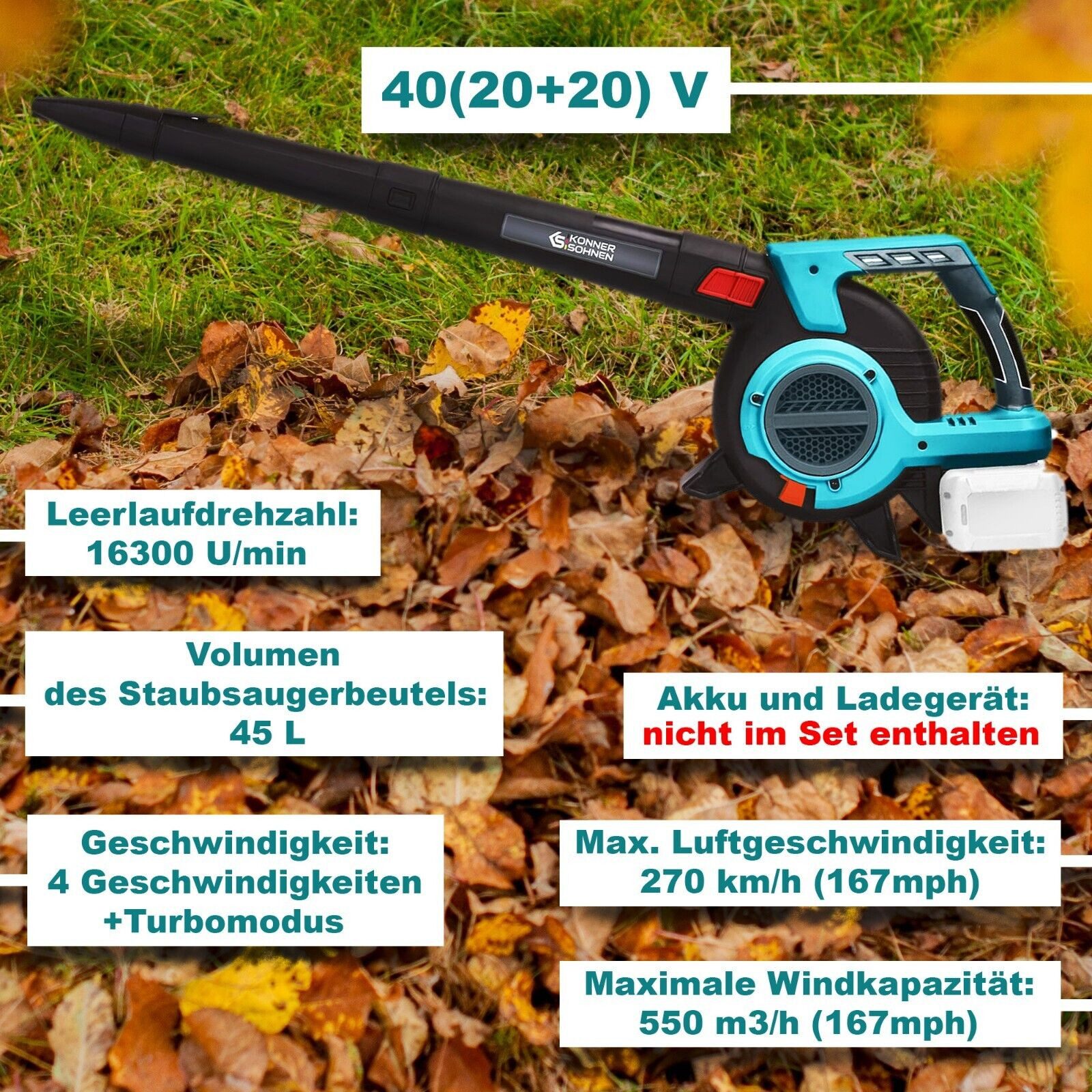 Könner & Söhnen Akku-Handstaubsauger KS LBV-40V + KS C35A-2 + KS 20V4-1 (2 pcs), Werkzeugloser Düsenwechsel, Tempomat, Schultergurt