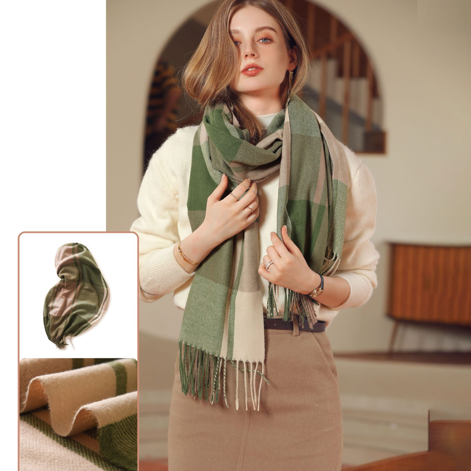 Mutig Wollschal Damen Winter Senior Plaid Kaschmir Schal,übergroßer185*65cm Schal, (Tartan Schultertuch Mit Quasten,Warmer Oversized Poncho,Mischfarbe, Winter Geschenke für Mama, Freundin oder Schwester,Weihnachtsgeschenk), Aus 100 % Kaschmir-Imitat gefertigt, weich, Elegantes Karomuster