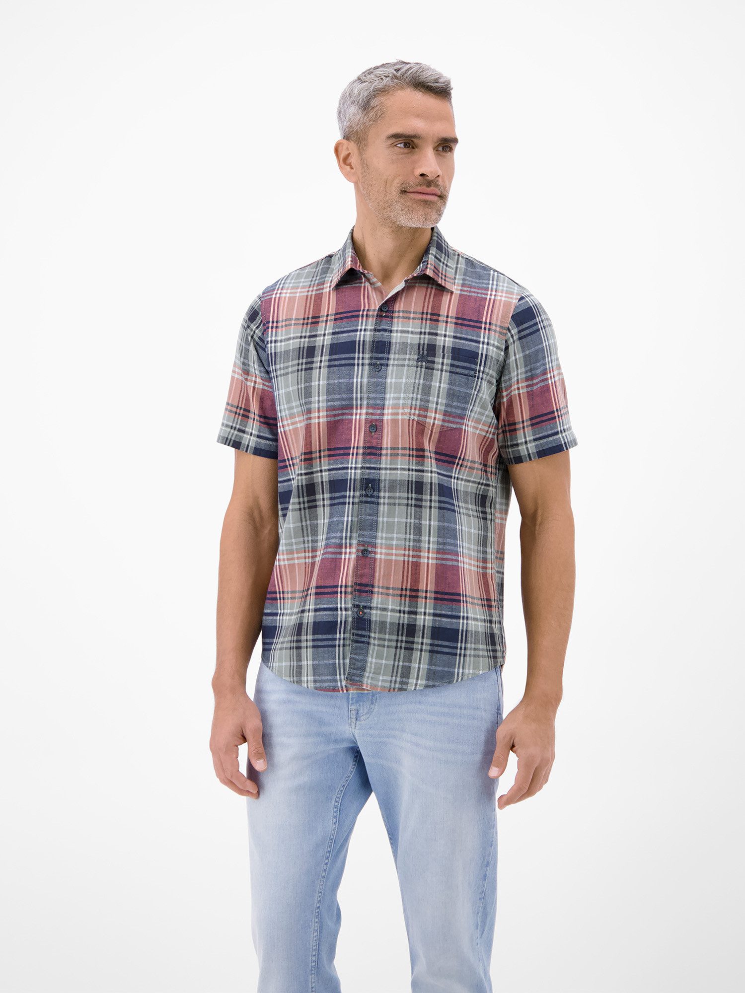 LERROS Kurzarmhemd Kariertes Kurzarmhemd aus Baumwolle und Leinen