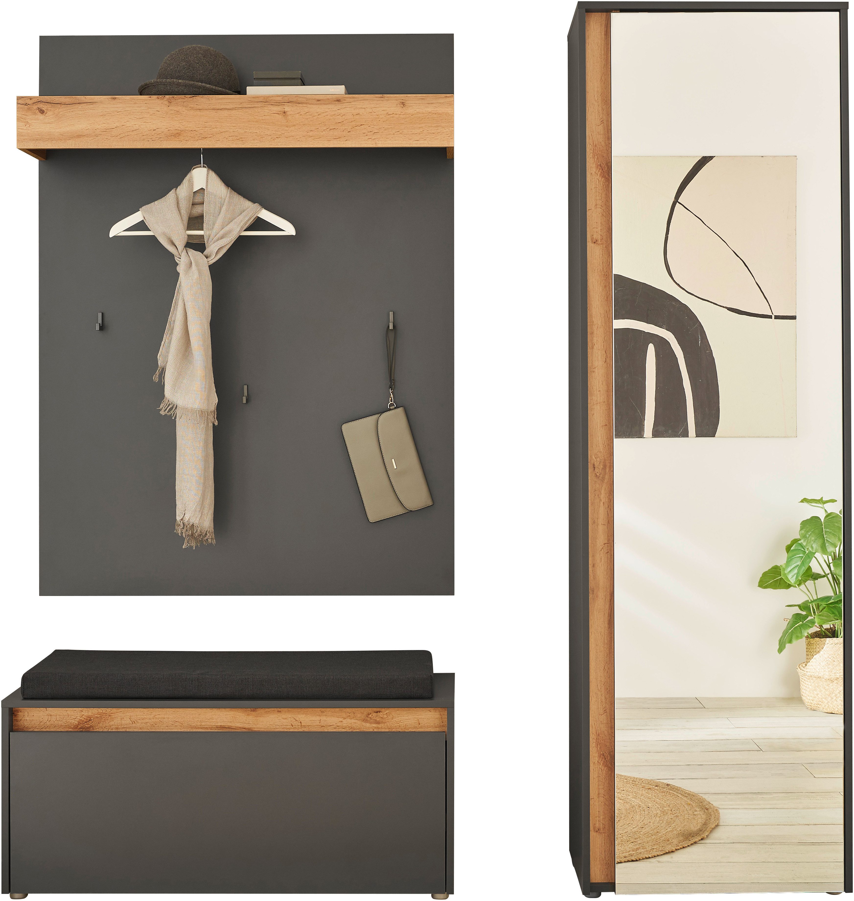 Home affaire Garderoben-Set GIRON/CiTY, moderne Garderobe, Komplettset mit viel Stauraum, (Komplett-Set, 3-St), enthält Garderobenschrank, Paneel, Schuhbank inkl. Sitzkissen