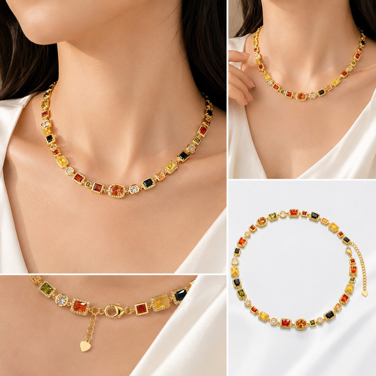 RAIKOU Collier Damen Zirkonia Schmuckset, Halskette /Armband, gold/silberfarben, Farbige Zirkonia-Steine – Bild 3 von 4