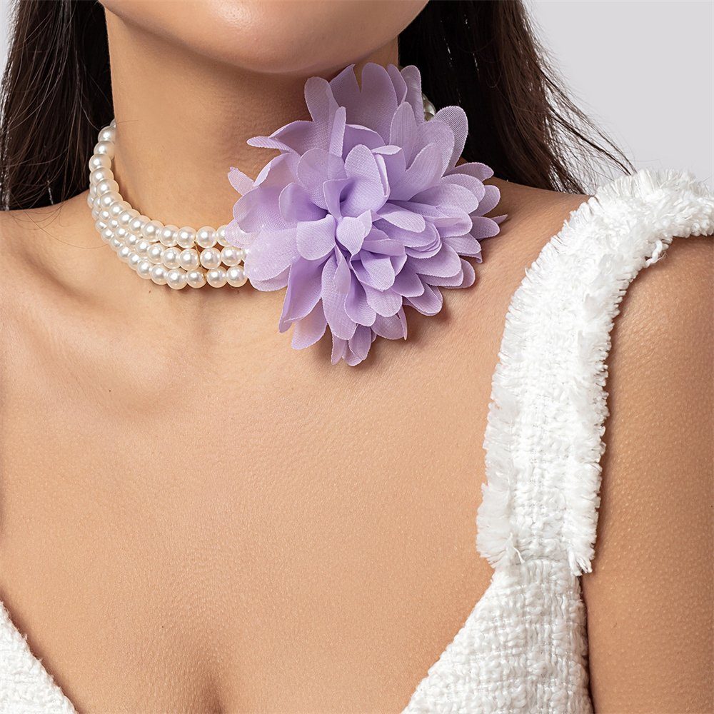 Rouemi Choker Damen-Halskette, Imitation Perle Blume Bankett-Halskette Lila