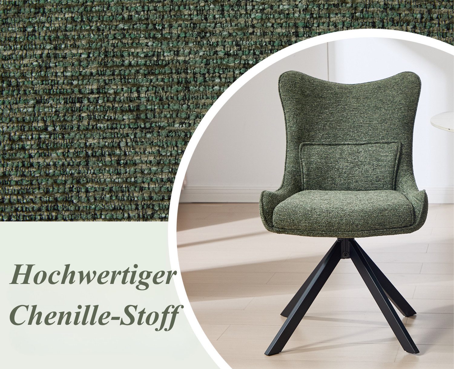WAHSON OFFICE CHAIRS Esszimmerstuhl 360°Drehbar Esszimmerstühle 2er Set Drehstuhl Chenille mit Metallbeine (4 St) – Bild 4 von 5