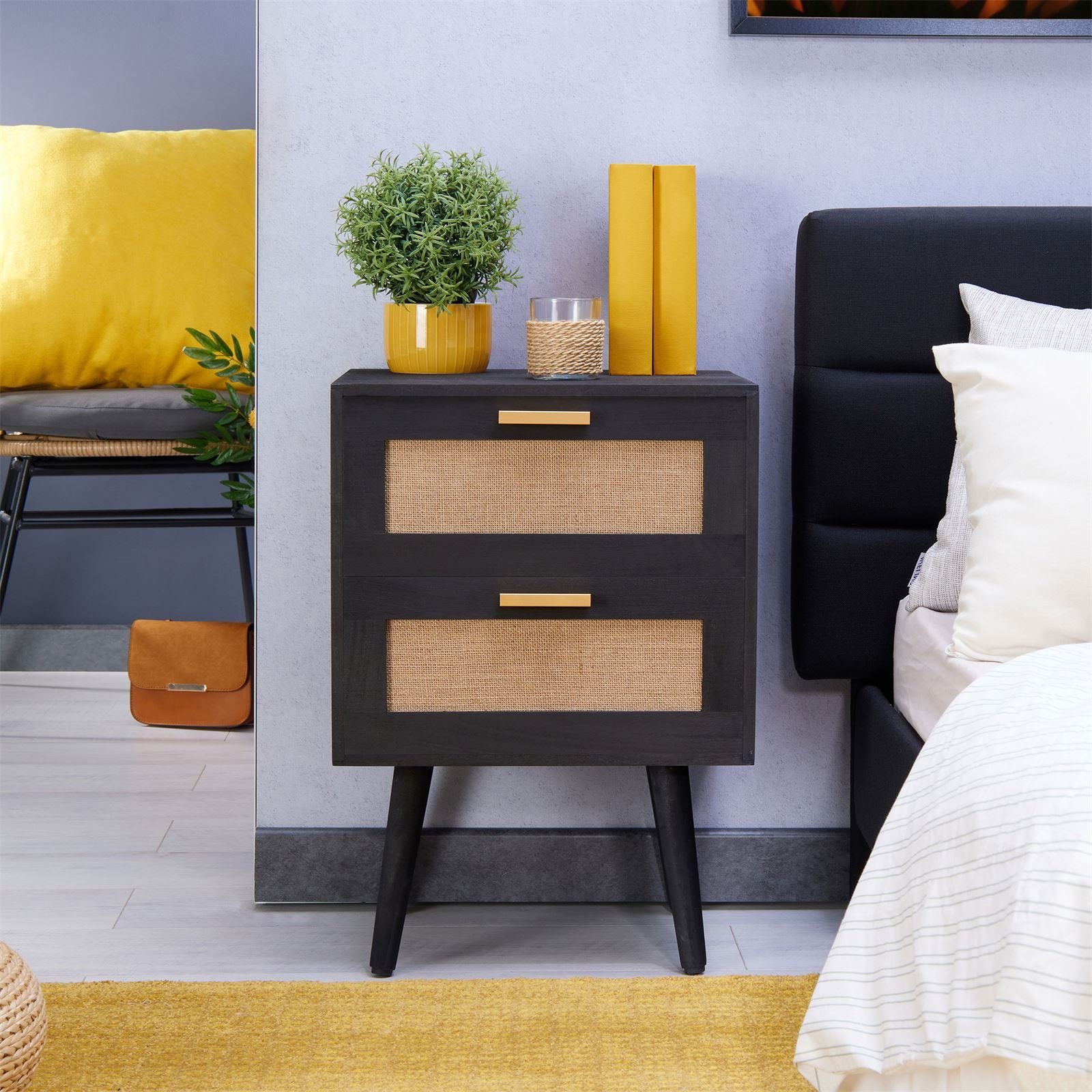 CARO-Möbel Nachtkommode WAMAN, Nachttisch Nachtkommode 2 Schubladen aus Holz und Jute Geflecht Boho