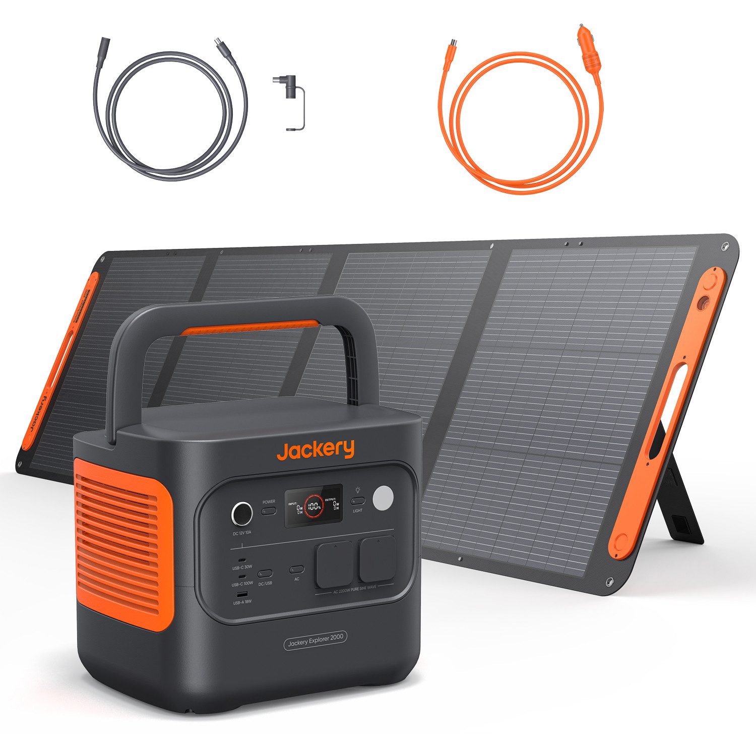 Jackery Stromerzeuger E2000 v2 Tragbare Powerstation mit 200W Solarpanel mit 5m&Kfz Kabel, 4,4 in kW, 2042Wh/2200W Solargenerator LiFePO4 Schnellladung für Camping, Notfall