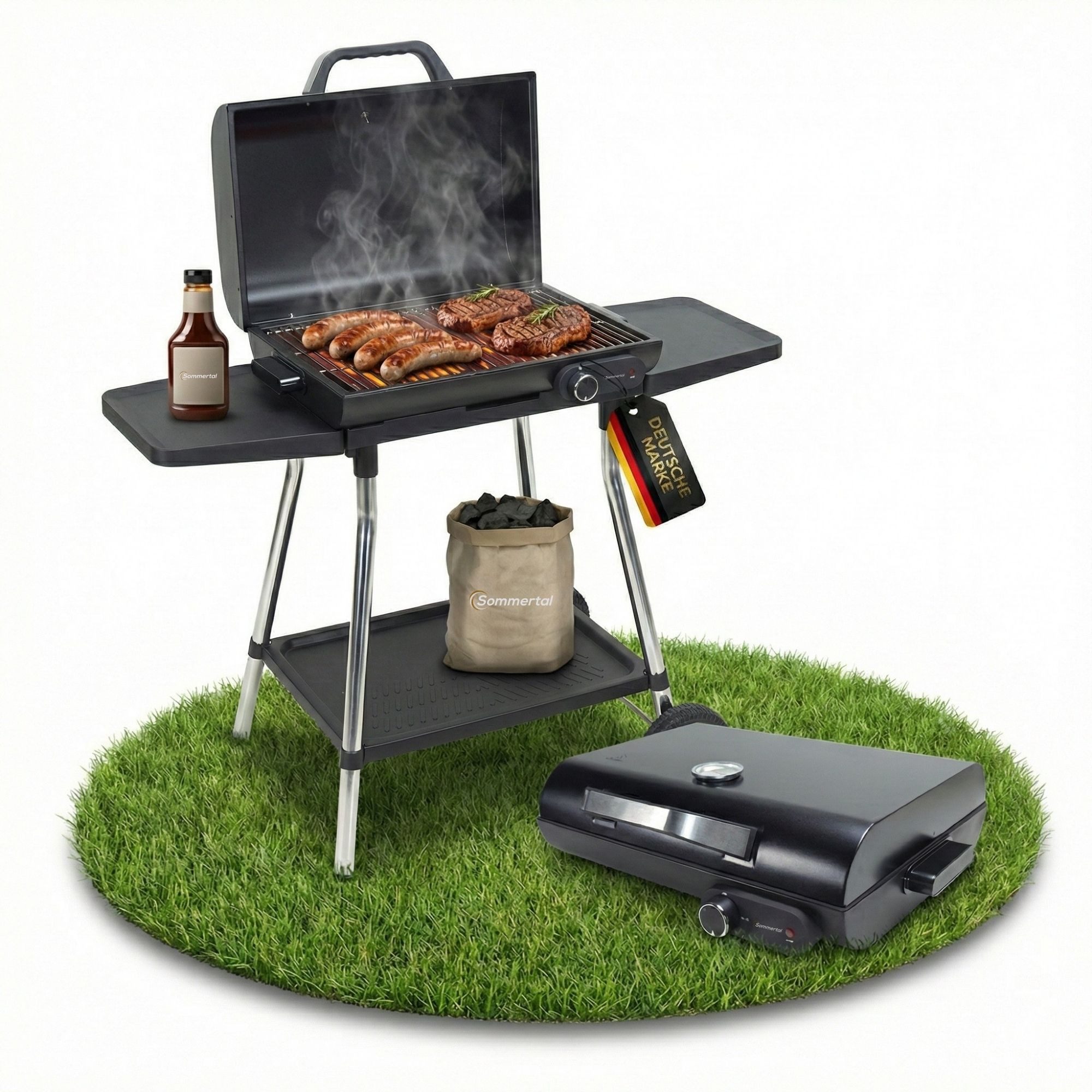 Sommertal Elektrogrill Sommertal BBQ928 2in1 Elektrogrill mit Deckel, Tisch- & Standgrill, 2180 W, Antihaft-Grillplatte + Grillrost, Fettauffangwanne, Thermostat, 2180W