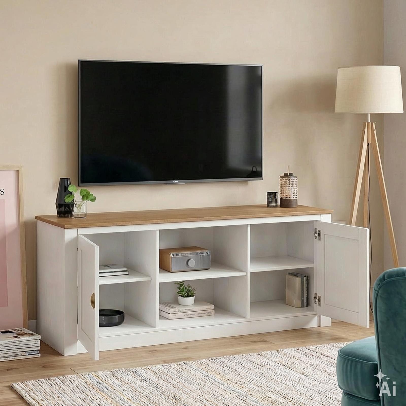 IDIMEX Lowboard BOLTON, TV Schwarz mit 2 Türen aus Massivholz mit Muschelgriff Weiß/Braun