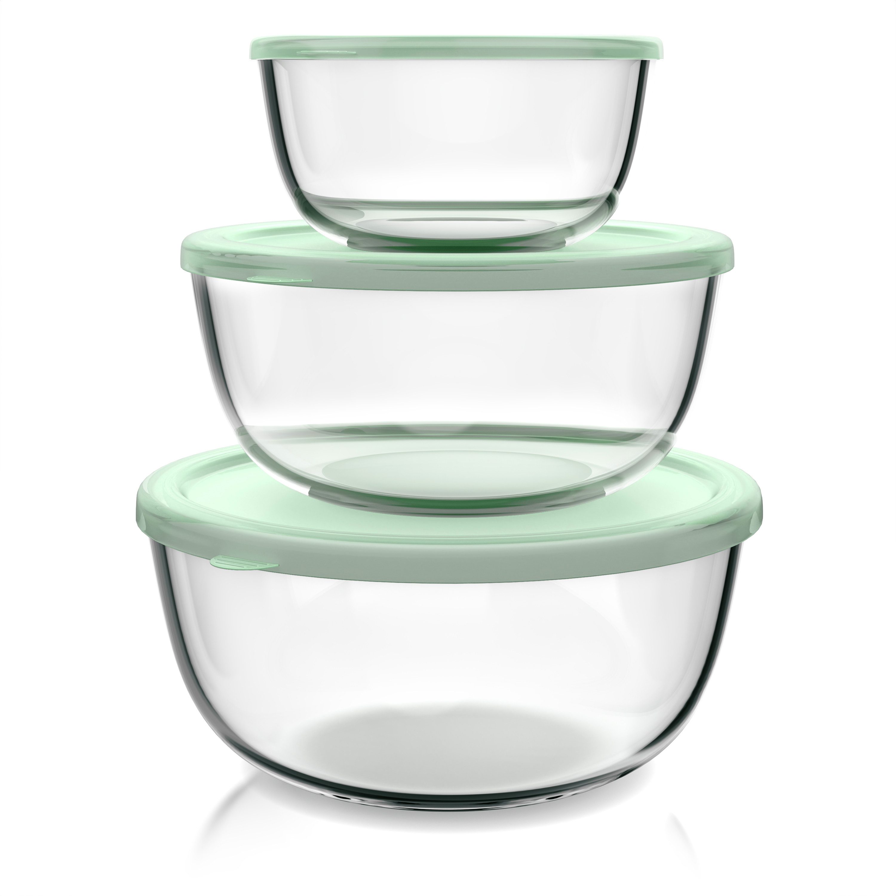 Arendo Salatschüssel 3er Set mit Deckel, Glasschüssel 1,1L / 2,7L / 4,4L, Glas Rührschüssel, Glas, (Set, 3-tlg), Glasschale, BPA-frei, Mikrowellen- und spülmaschinengeeignet
