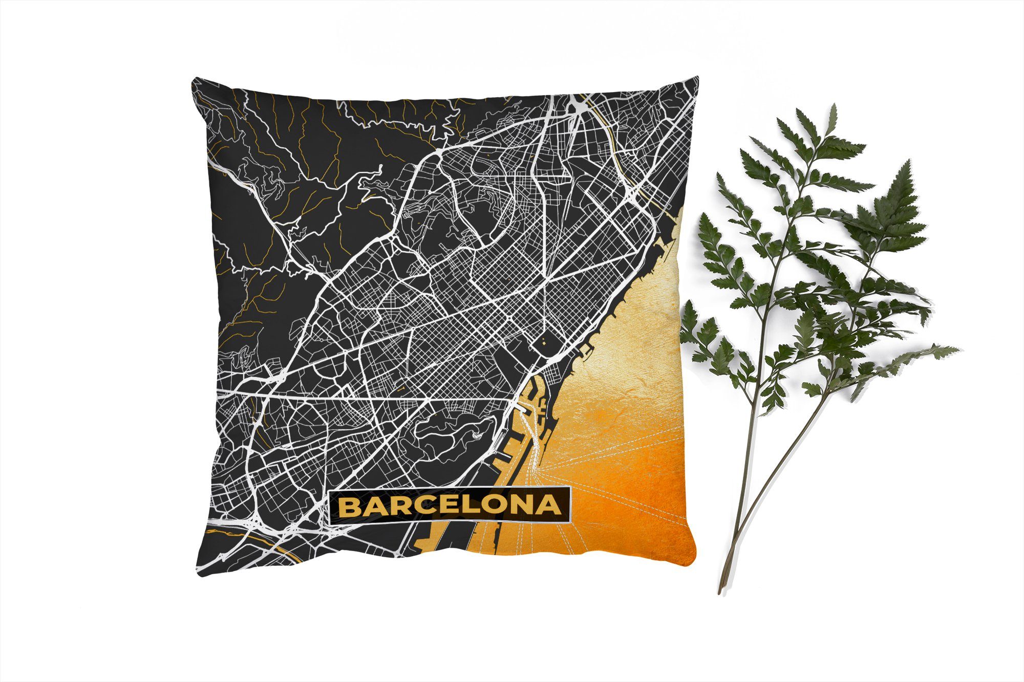 MuchoWow Dekokissen Barcelona - Stadtplan - Karte - Gold, Zierkissen mit Füllung für Wohzimmer, Schlafzimmer, Deko, Sofakissen