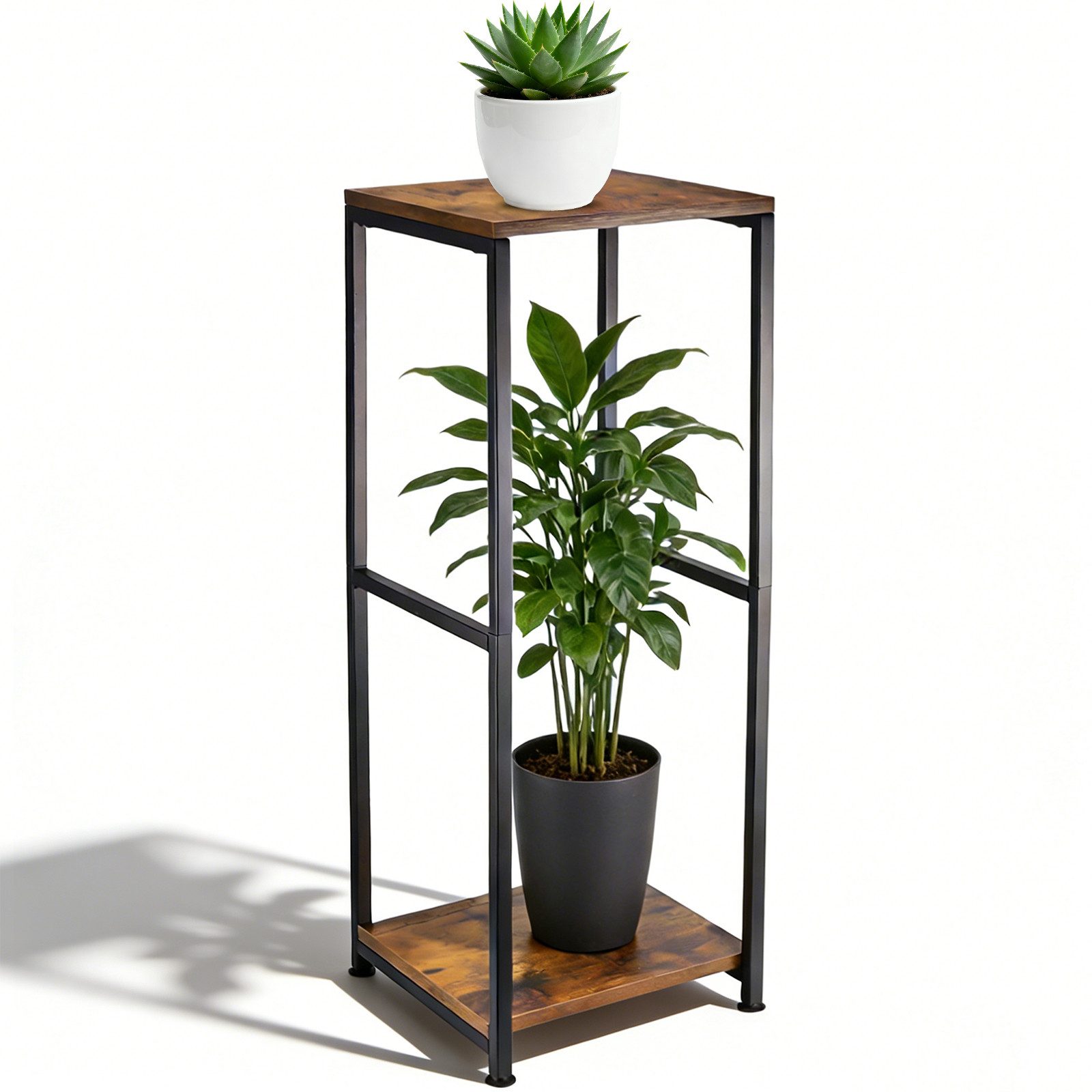 BlingBin Blumenhocker Pflanzenständer Metall Holz 81 cm – 2 Ebenen Blumenständer Eckregal (1er Set, 1 St., Pflanzenregal), Blumentopfhalter für Wohnzimmer, Küche, Balkon und überdachte Terrasse
