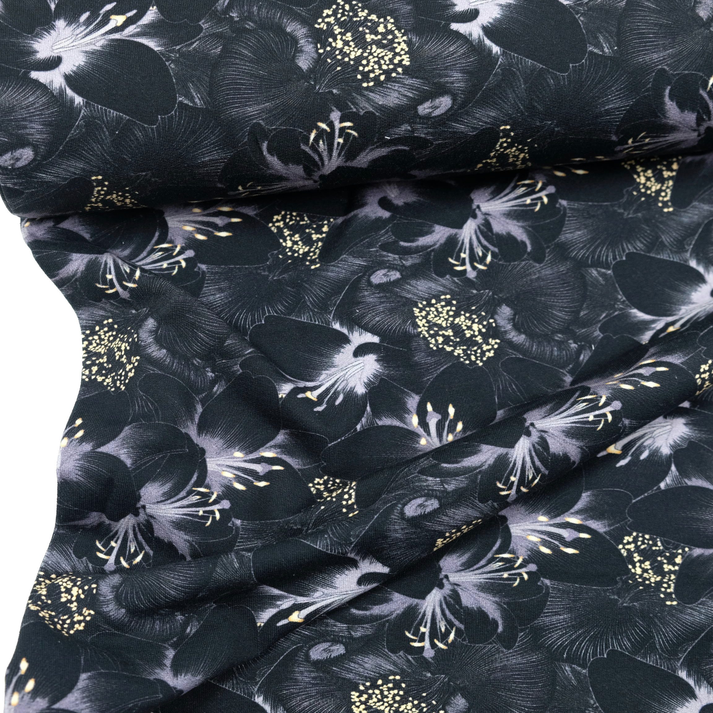 larissastoffe Stoff French Terry Stoff Lilien – Blumen Sweat Meterware Schwarz Anthrazit, Meterware, 50 cm x 150 cm