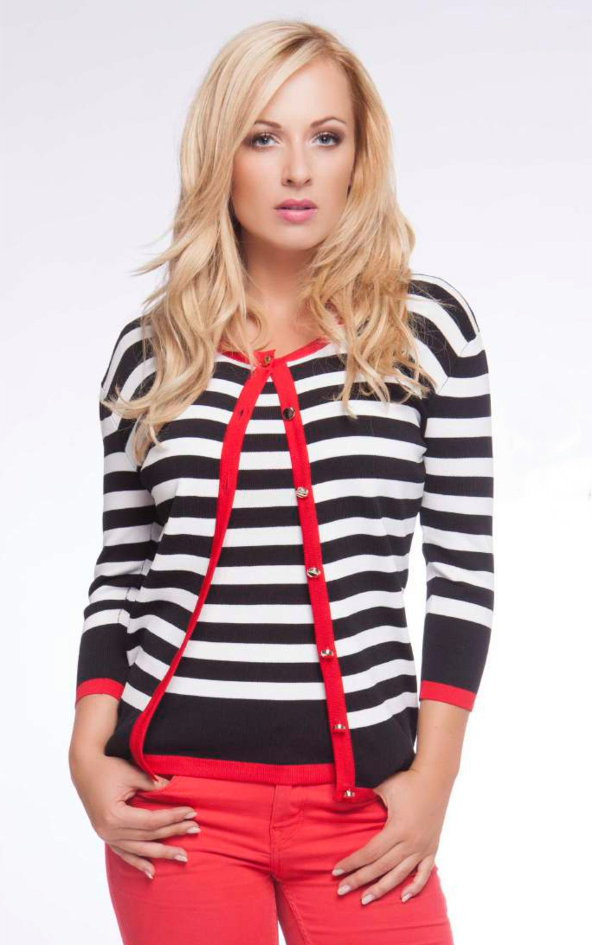 Passioni Cardigan Twinset in schwarz-weißem Streifenmuster mit roten Details