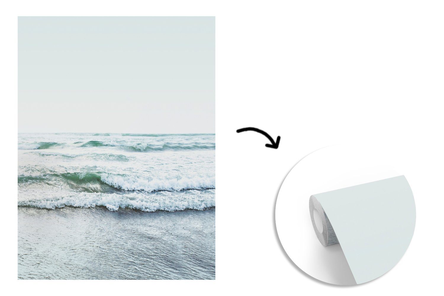Wandtapete Montagefertig - Meer Fototapete St), Wasser bedruckt, MuchoWow Tapete - Wellen Natur - - Vinyl (4 Matt, für Strand, Wohnzimmer,