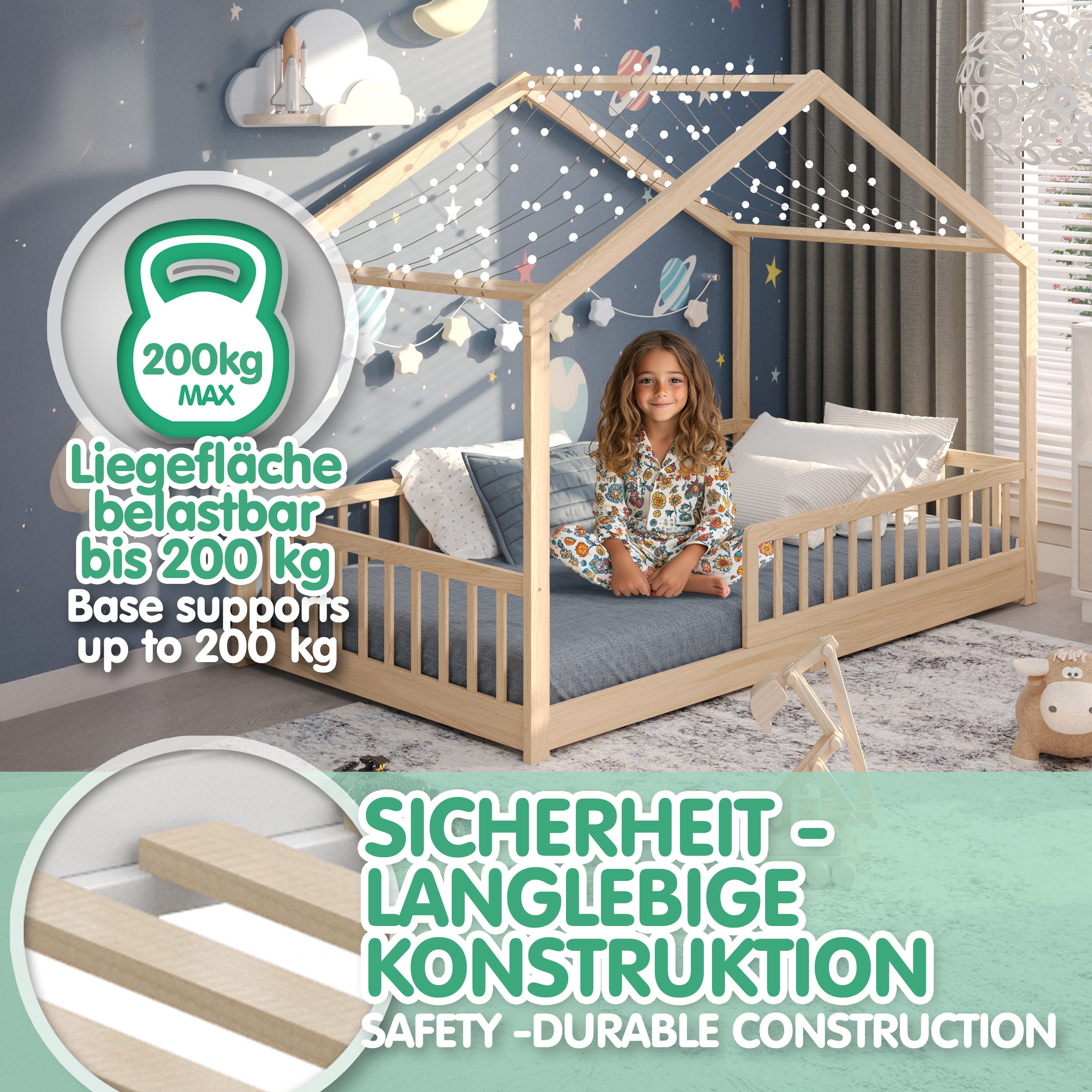 CADANI Kinderbett Malte Hausbett Bodenbett - Rausfallschutz abnehmbar - bis 200 kg (120x200 cm, Montessori Kinder- & Jugendbett aus Kiefer Massivholz), inkl. st – Bild 5 von 5