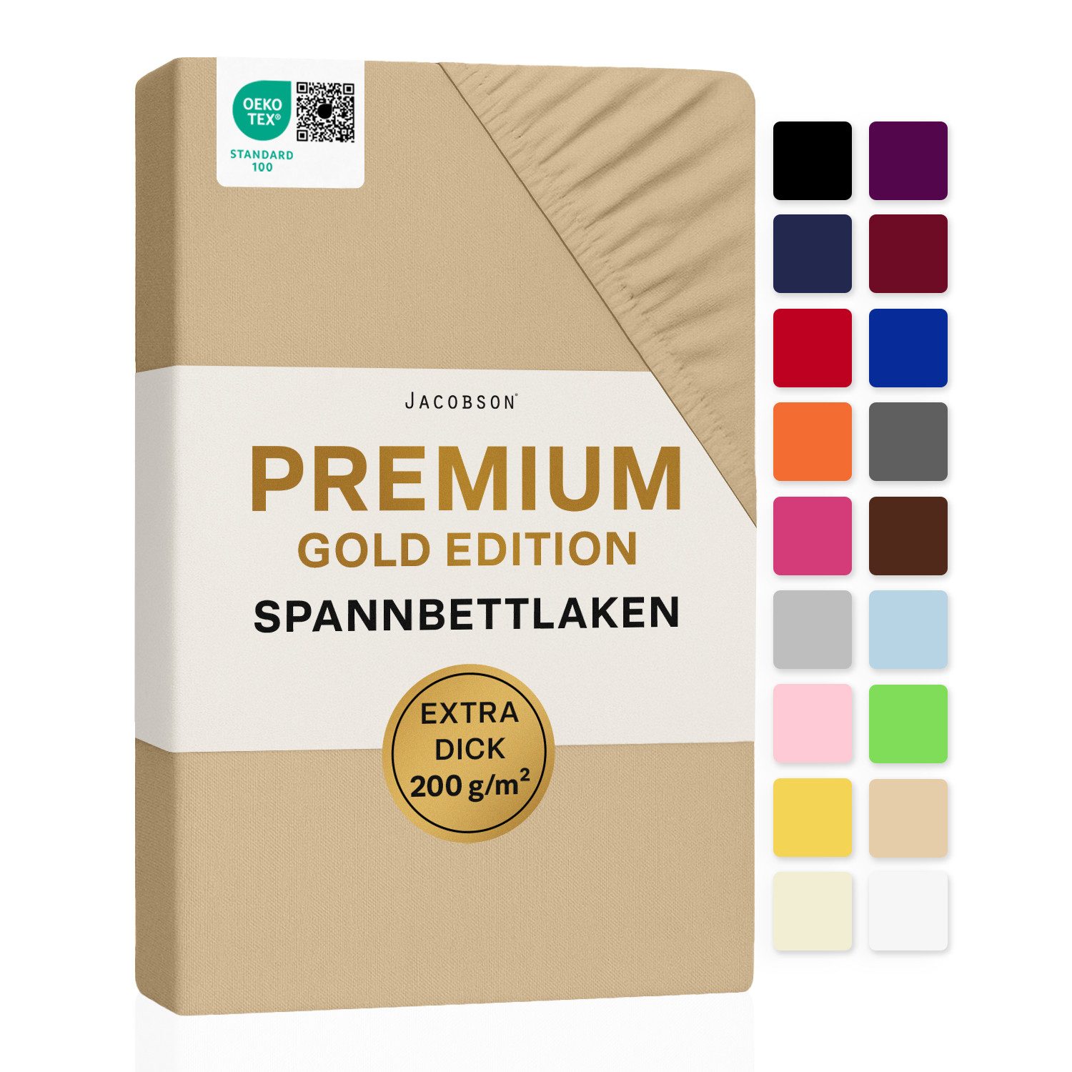 Jacobson Spannbettlaken PREMIUM 200 g/m² Jersey aus 97% Baumwolle & 3% Elasthan, Extra dichtes Bettlaken mit maximalem Halt