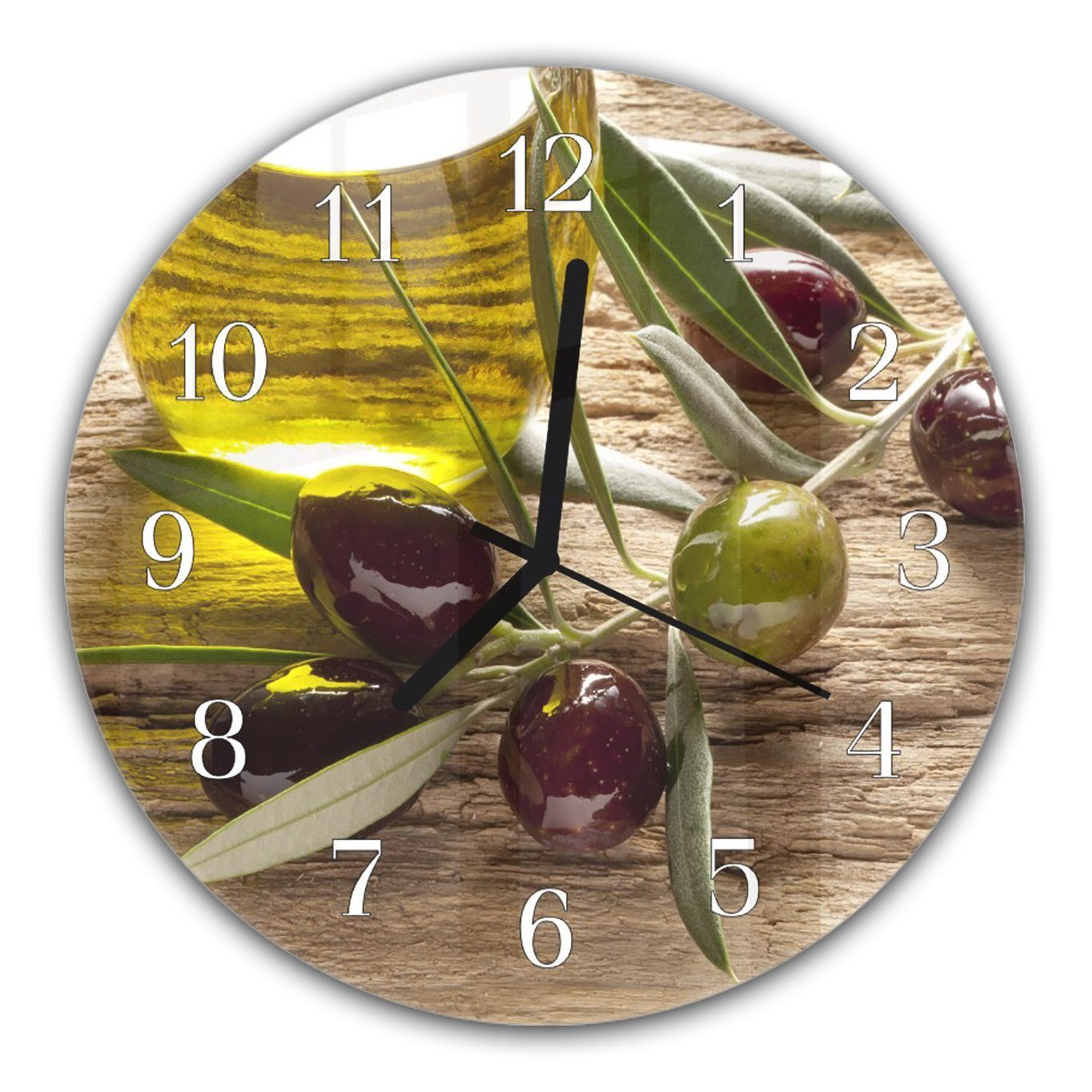 30 mit Wanduhr und cm Motiv aus Durchmesser - Oliven Wanduhr Rund mit Quarzuhrwerk Glas Primedeco und Olivenöl