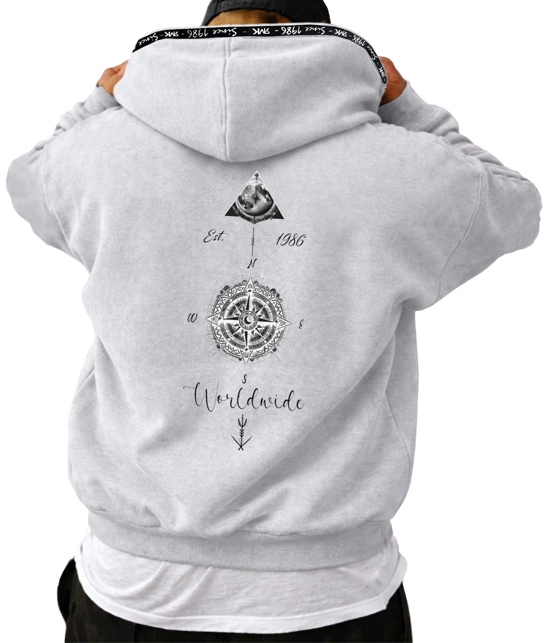 RMK Hoodie Herren Hoodie Pullover Basic Rundhals Kompass Welt
