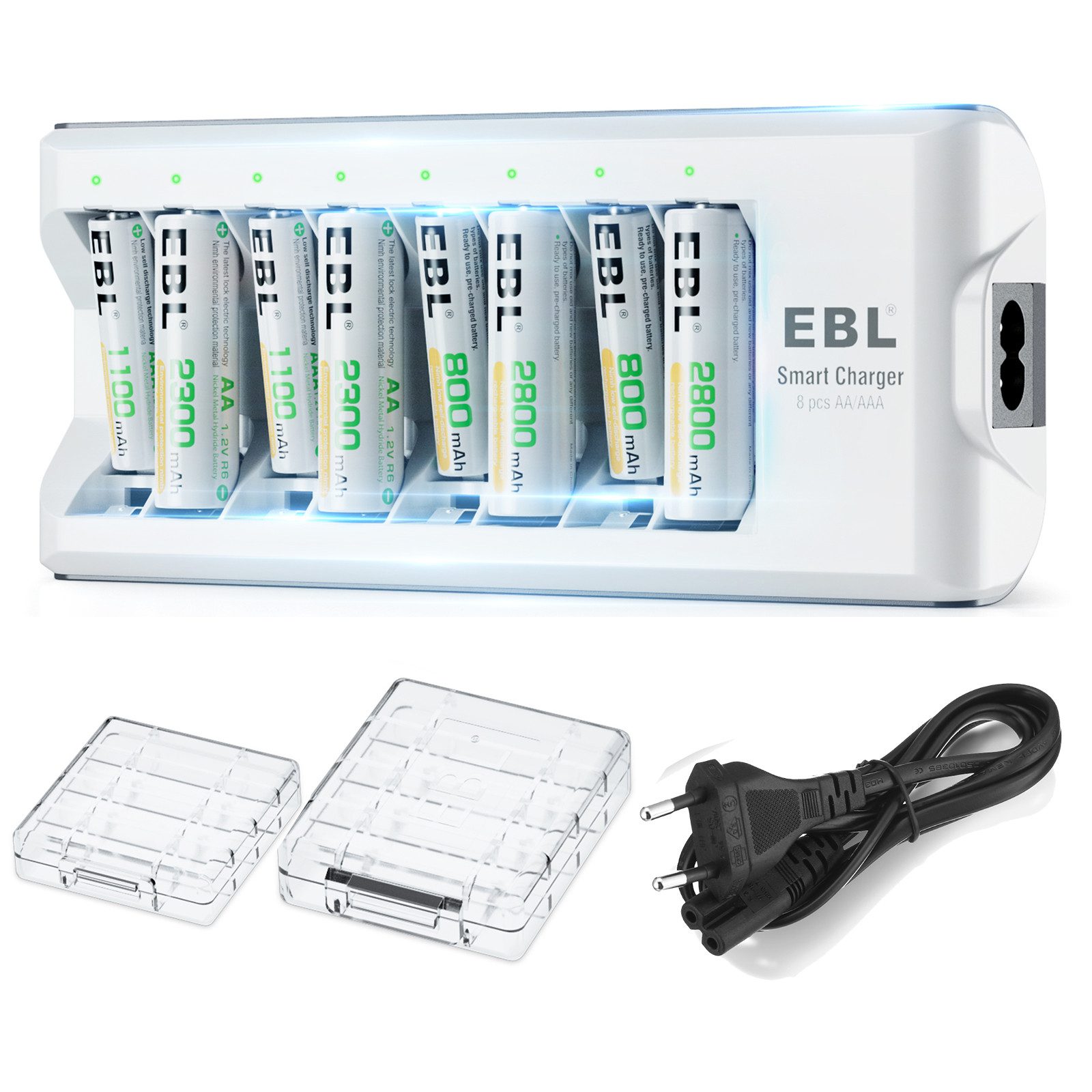 EBL Akku Ladegerät mit 8 AA 2300mAh Akku, Akku-Ladestation (1-tlg., für AA, AAA, NI-MH, NI-Cd wiederaufladbare Batterien)