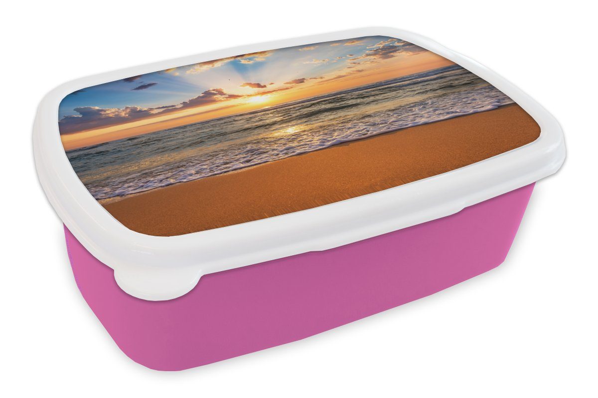 MuchoWow Lunchbox Strand - Sonnenuntergang - Meer - Wolken - Horizont, Kunststoff, (2-tlg), Brotbox für Erwachsene, Brotdose Kinder, Snackbox, Mädchen, Kunststoff rosa