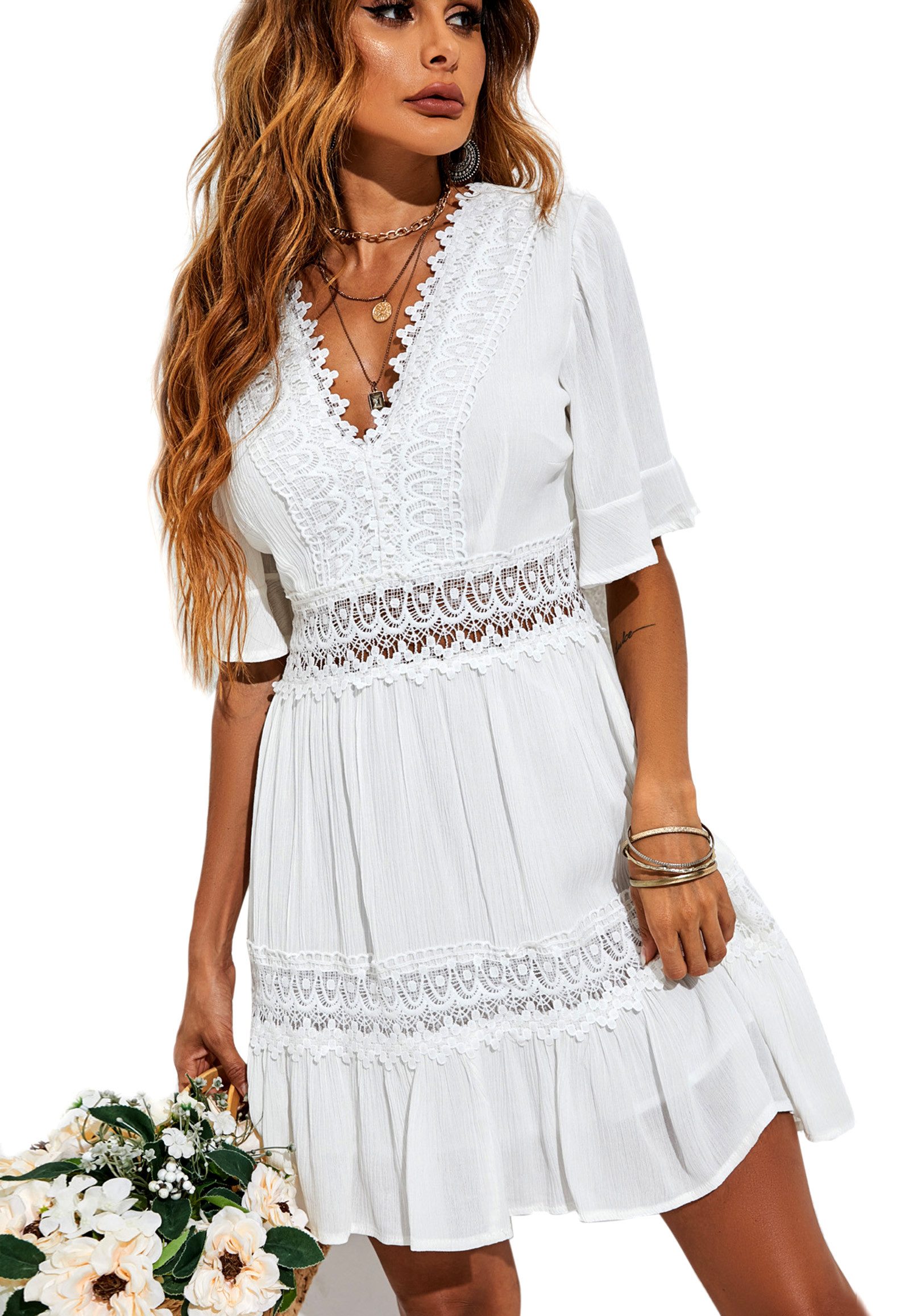 FS Collection Minikleid Damen Minikleid aus Baumwolle mit V-Ausschnitt und Spitzendetails (XS (EU:36 / UK:8) · S (EU:38 / UK:10) · M (EU:40 / UK:12) · L (EU:42 / UK:14) · XL (EU:44 / UK:16), 5 Farben : Schwarz, Elfenbeinweiß, Hellblau, Salbeigrün und Flieder) 100 % Baumwolle – weich, atmungsaktiv und angenehm auf der Haut