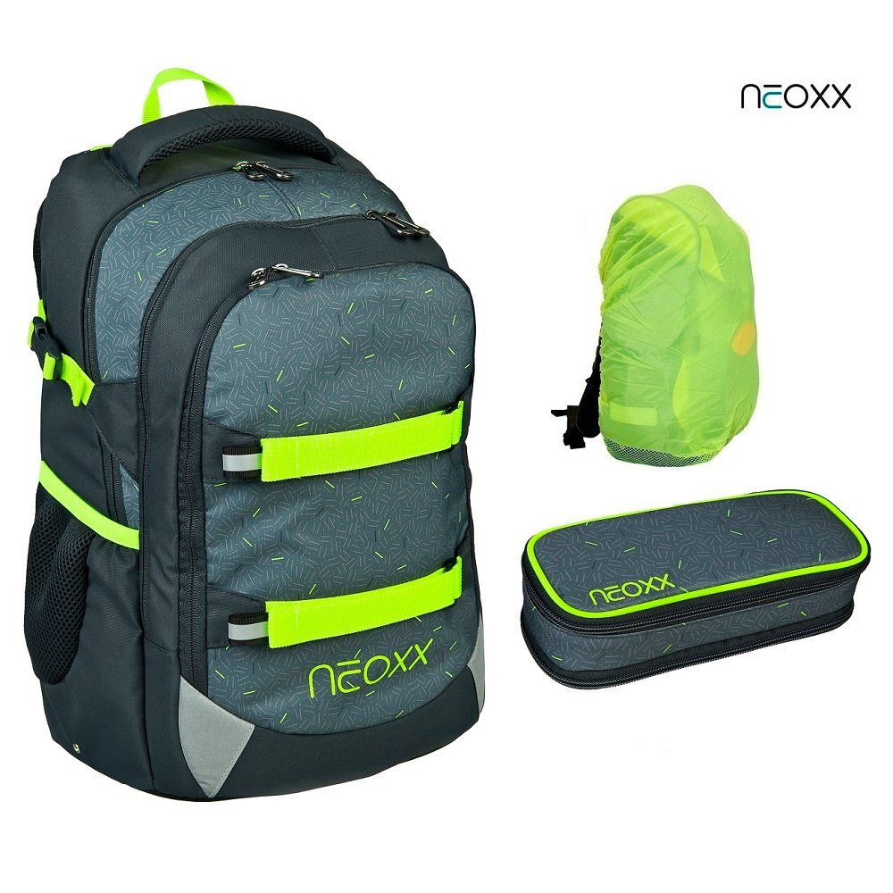 neoxx Ранцы Active (Set, 3-tlg. inkl. Schamper Box und Regenschutz-Hülle), Rucksack Set "Boom" - Schultasche 5. bis 12. Klasse