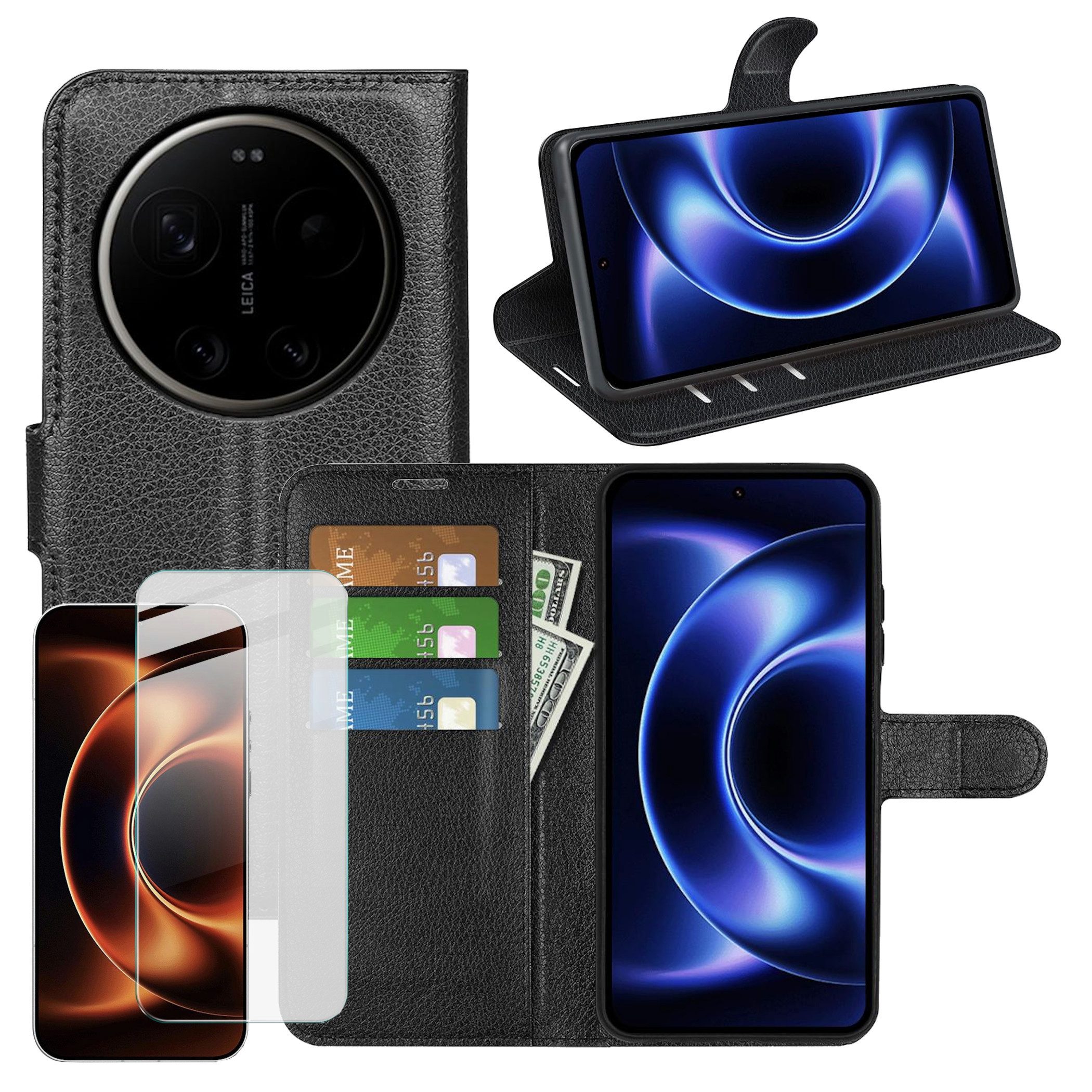 Wigento Handyhülle Klapphülle + Schutzglas für Xiaomi 17 Ultra Kunstleder Wallet 9H Glas 6,9 Zoll, Produktset Kunst-Leder Tasche + H9 Hart Glas