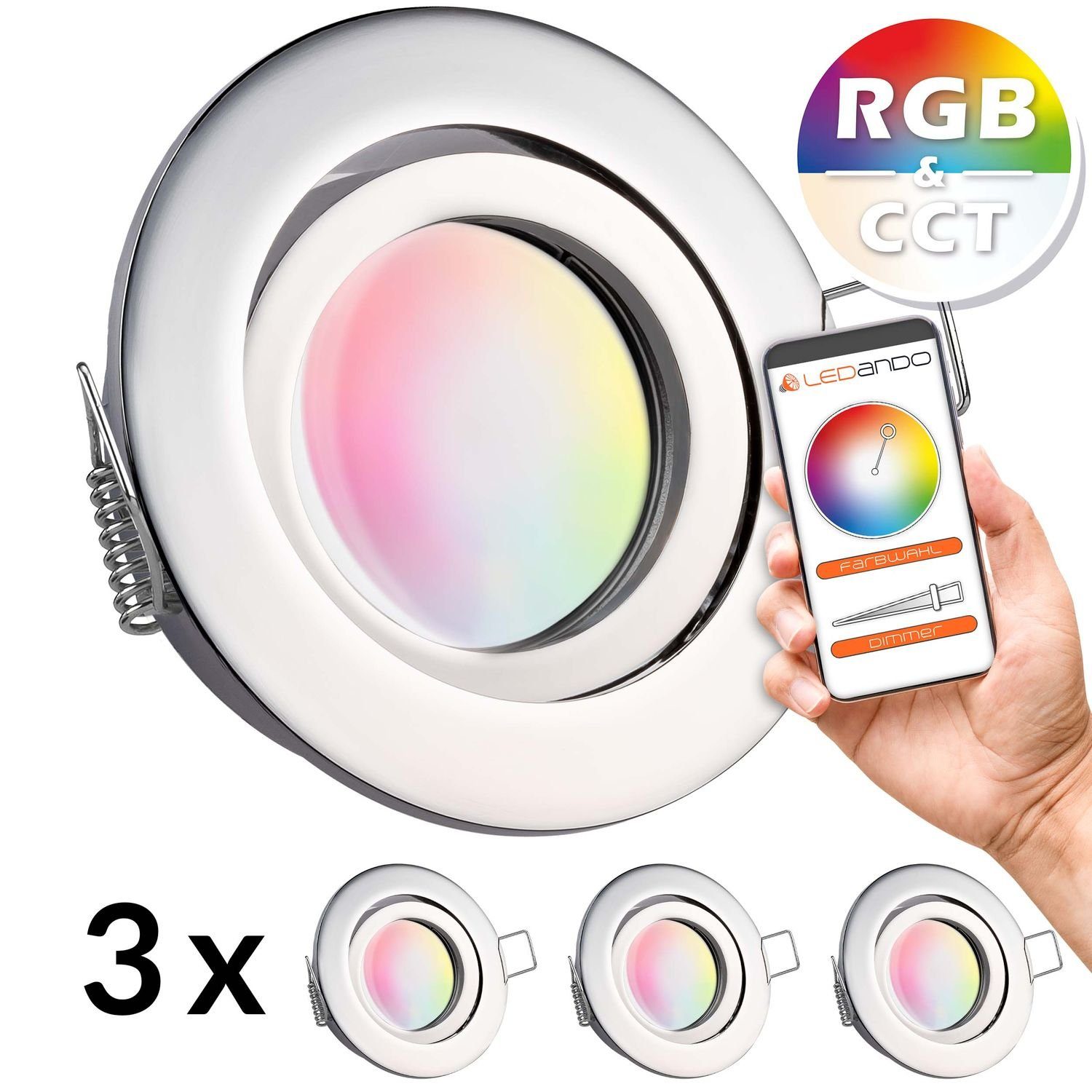 LEDANDO LED Einbaustrahler 3er RGB - CCT LED Einbaustrahler Set extra flach in chrom mit 5W Leuch