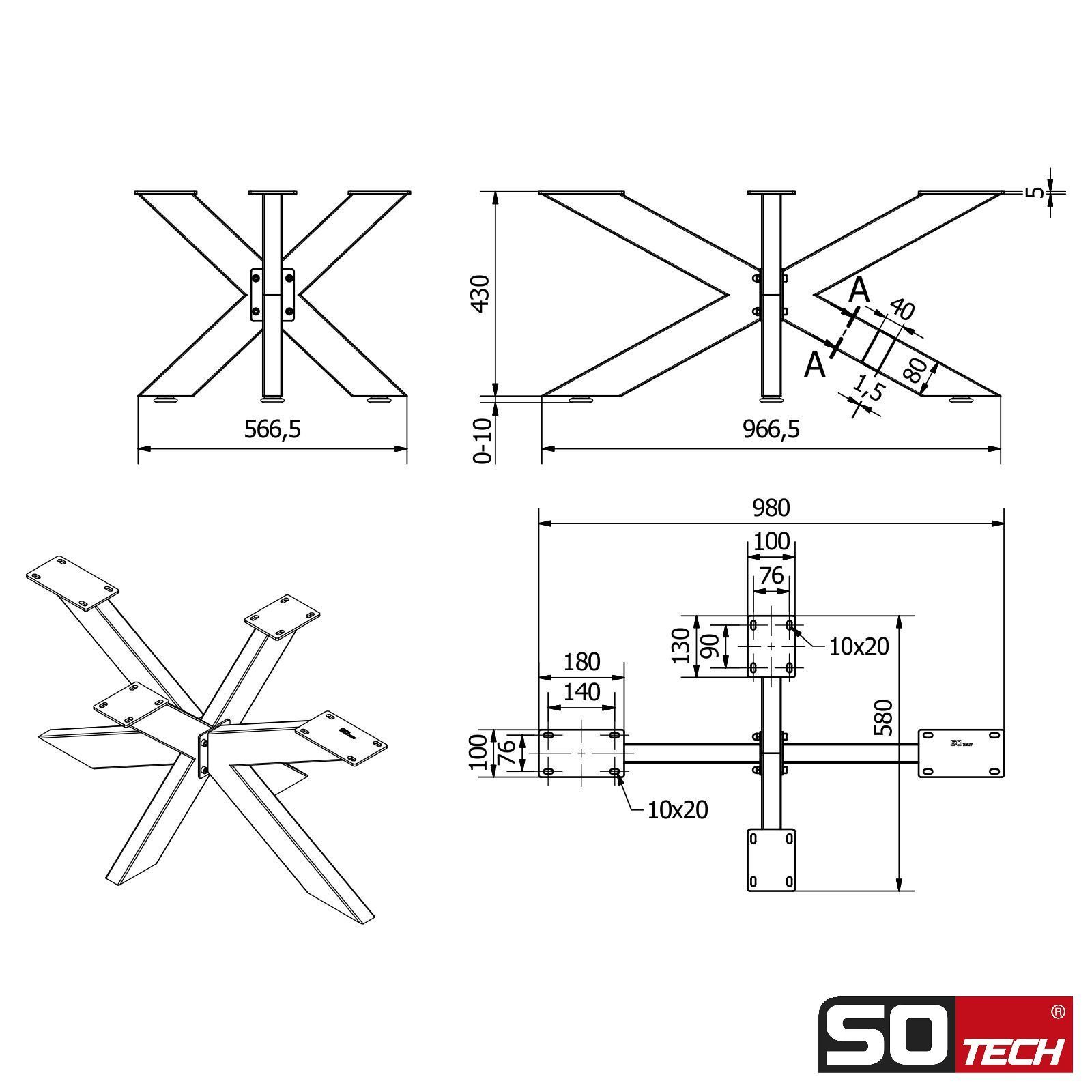SO-TECH® Tischgestell SPIDER Schwerlast belastbar bis 500 kg, einfache Montage, Couchtisch Sofatisch, schwarz, H 430 x B 580 x L 980 mm – Bild 5 von 5