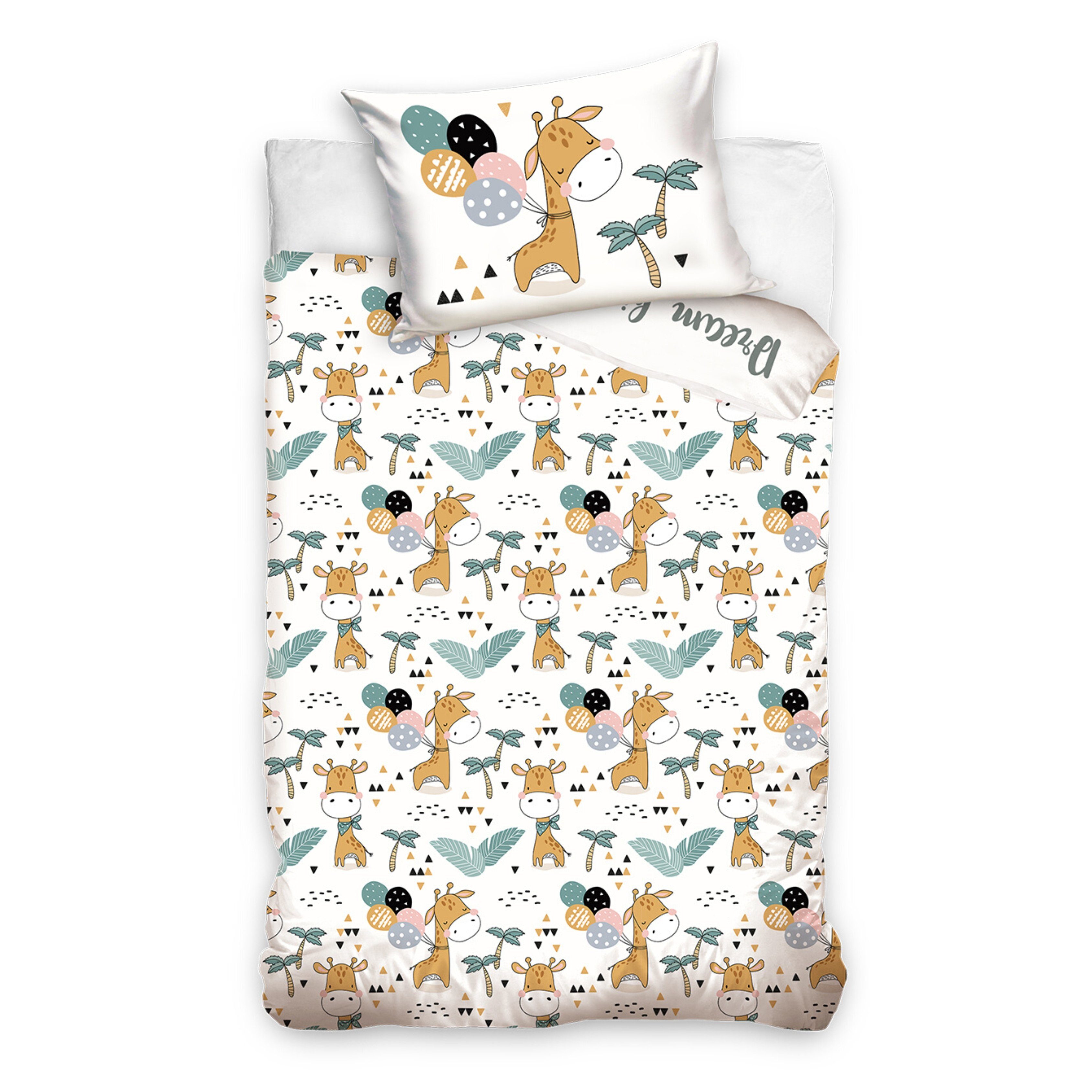 MTOnlinehandel Babybettwäsche Giraffe 100x135 + 40x60 cm, 100 % Baumwolle, Renforcé, 2 teilig, süße Dream Big Little One Kleinkinderbettwäsche mit Reißverschluss