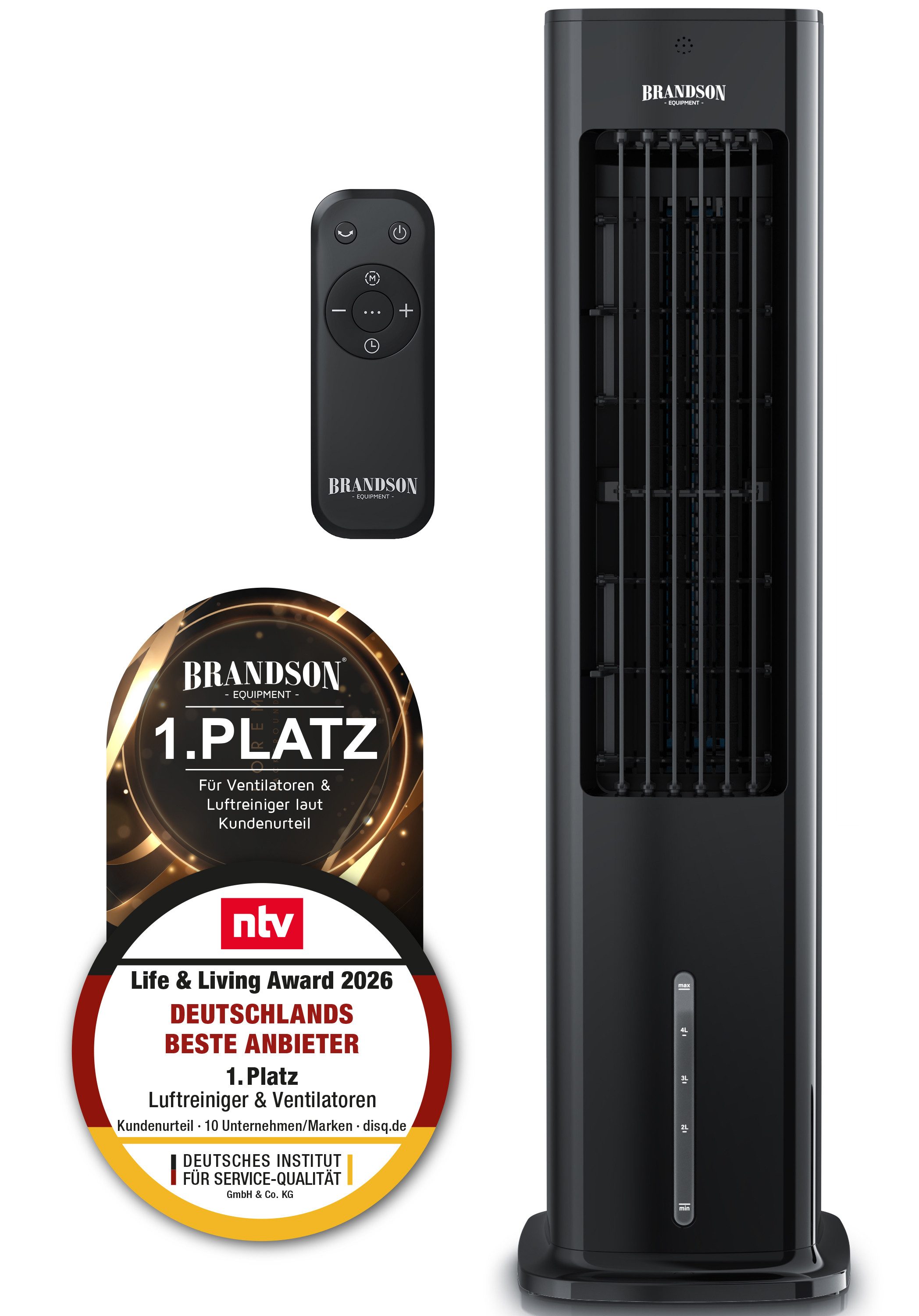 Brandson Ventilatorkombigerät Mobiler Luftkühler NTV Sieger 2026, Luftbefeuchter, Verdunstungskühler, Turmventilator, 3 Modi, Autostopp, Timer, 5L Wassertank, Lüfter