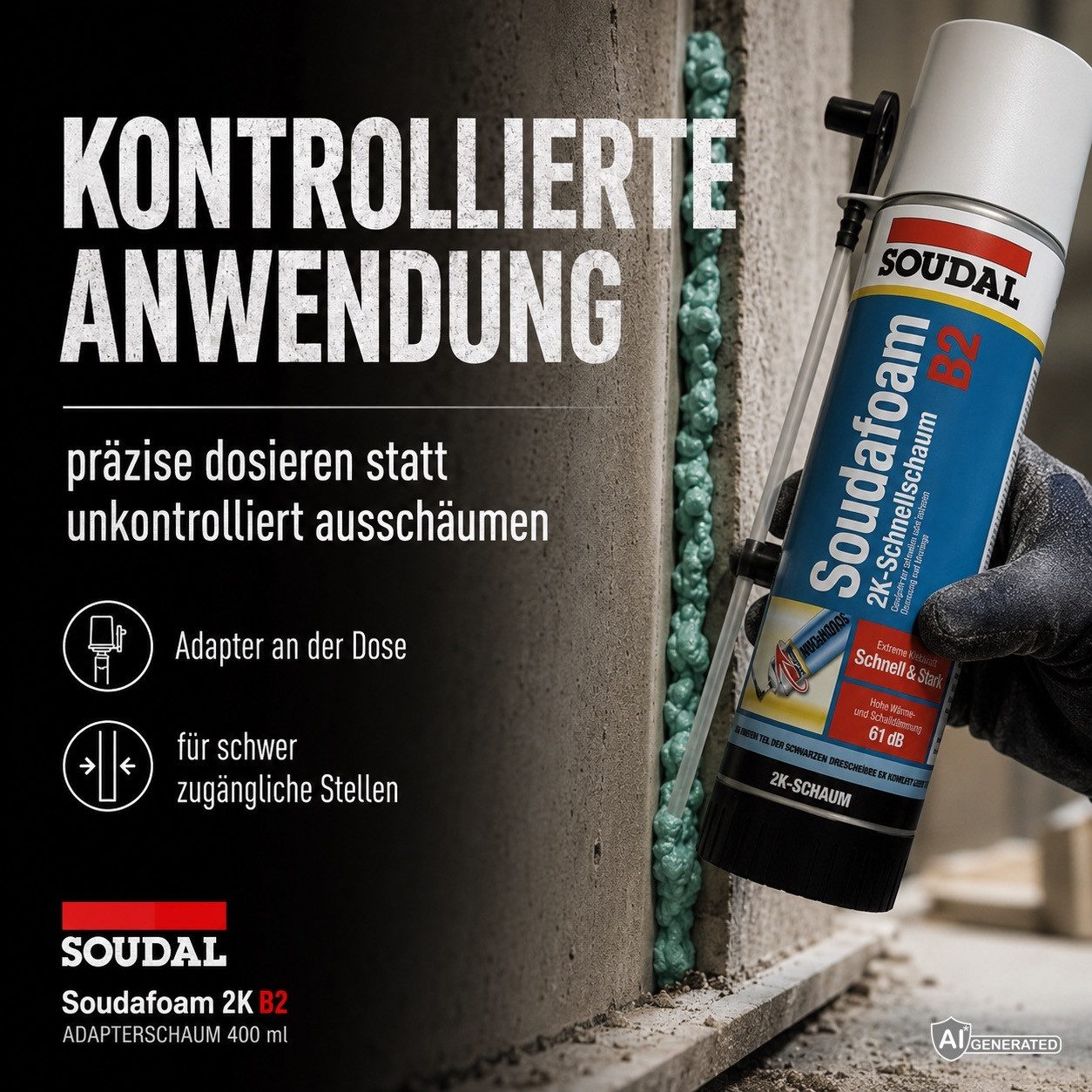 SOUDAL Montagekleber Soudafoam 2K B2 Adapterschaum, (1-tlg), 2K PU-Montageschaum – Schnelle Aushärtung – Ideal für Türen & Fenster – Bild 4 von 5