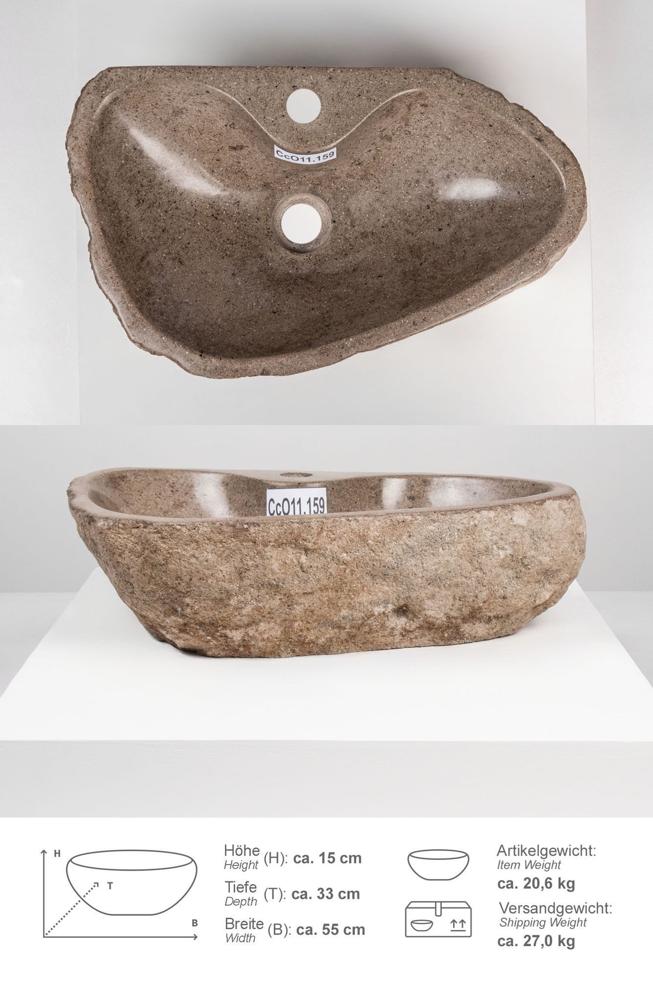 Aufsatzwaschbecken Naturstein Waschbecken 50 cm oval mit Hahnloch