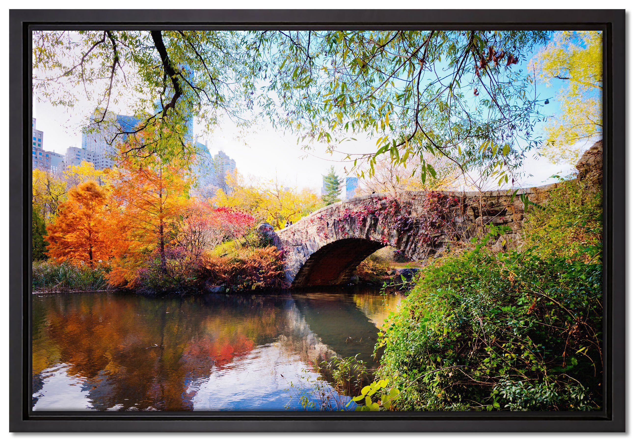 Pixxprint Leinwandbild Brücke im Central Park, Wanddekoration (1 St), Leinwandbild fertig bespannt, in einem Schattenfugen-Bilderrahmen gefasst, inkl. Zackenaufhänger
