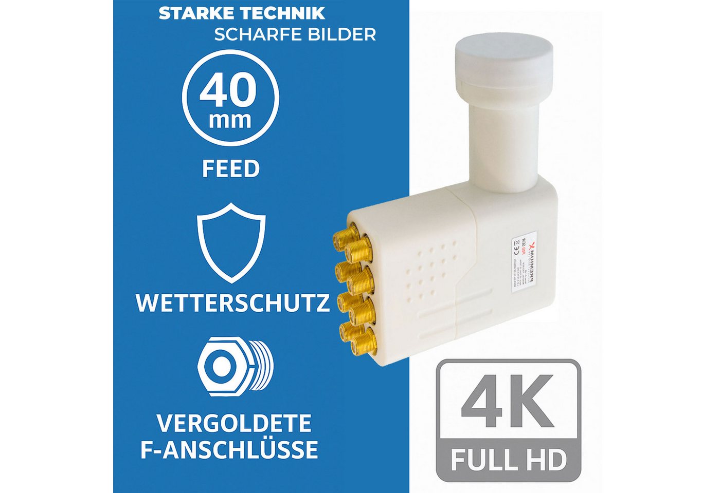 Thumbnail - PremiumX Octo LNB weiß SAT für 8 Teilnehmer DVB-S2 HD 4K inkl. 16x F-Stecker Monoblock-LNB